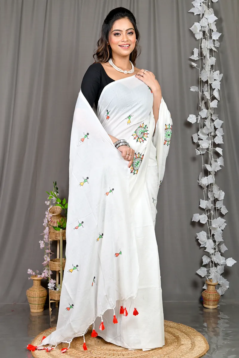 White Pure Cotton Parama Embroidery Handloom saree (286)