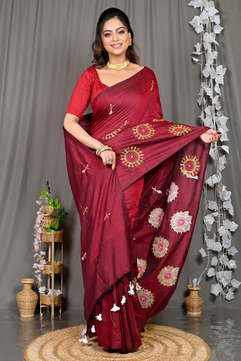 Marun Pure Cotton Parama Embroidery Handloom saree (288)
