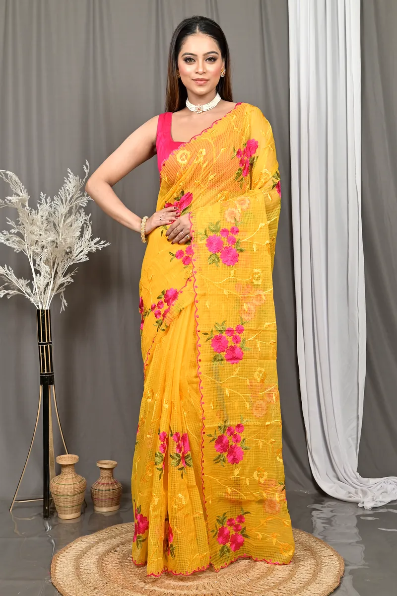 Yellow Cotton Kotambo Mix Kota Embroidery Saree  (29)