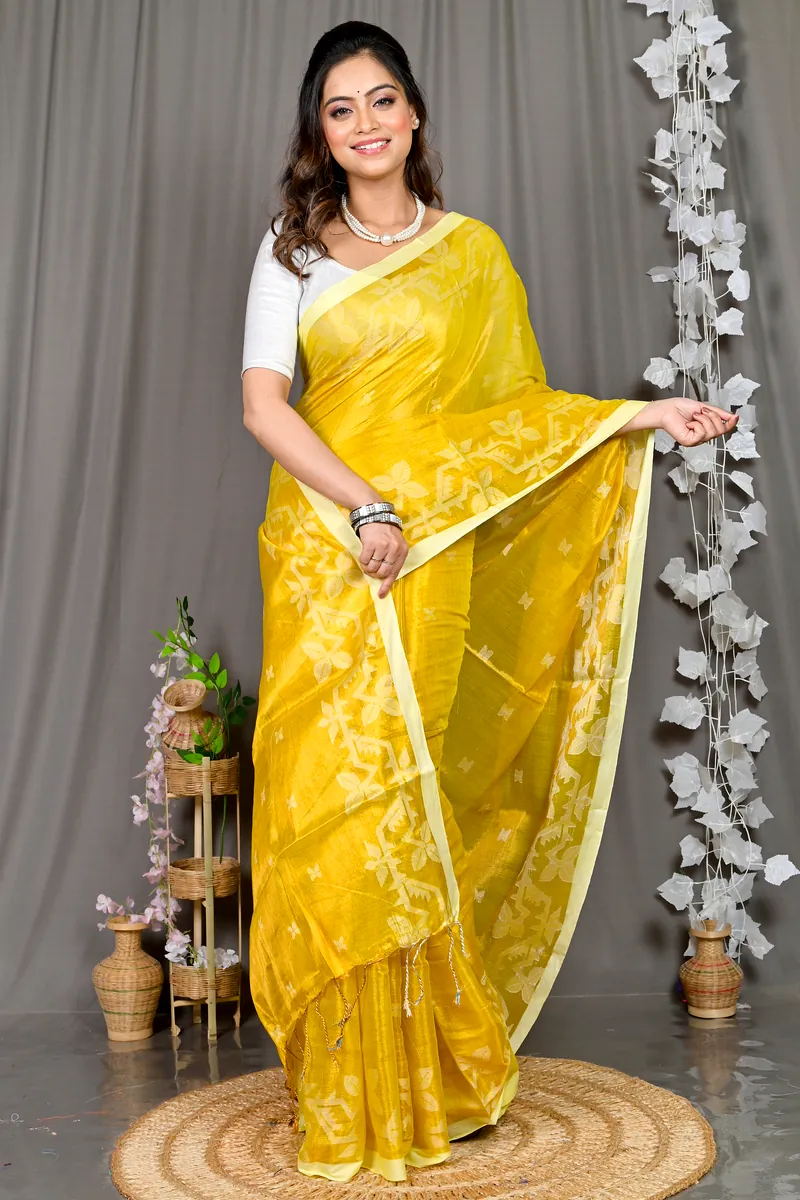 Yellow Cotton Silk Parashar Tissue Jamdani Saree (290)