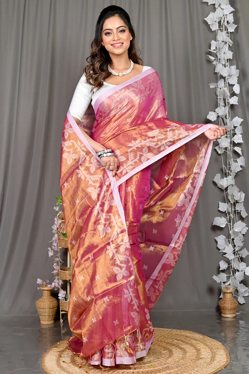 Lotus Pink Cotton Silk Parashar Tissue Jamdani Saree (291)