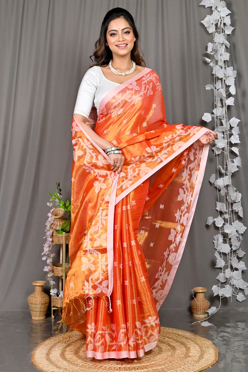 Orange Cotton Silk Parashar Tissue Jamdani Saree (294)