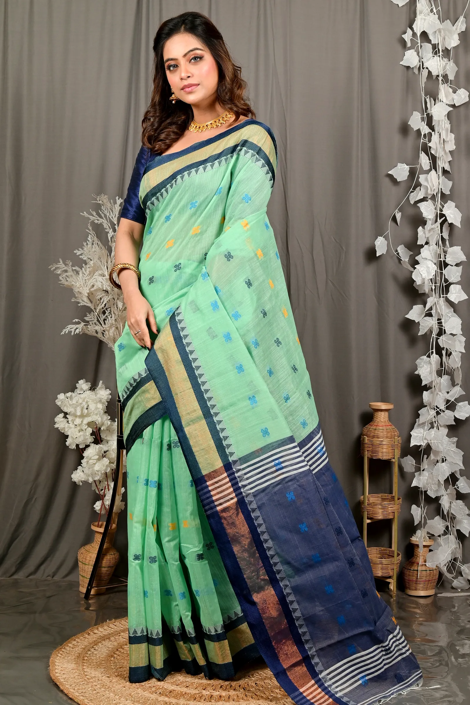 See Green Blue. Pure Cotton Debasi Hand Loom Saree (2946)