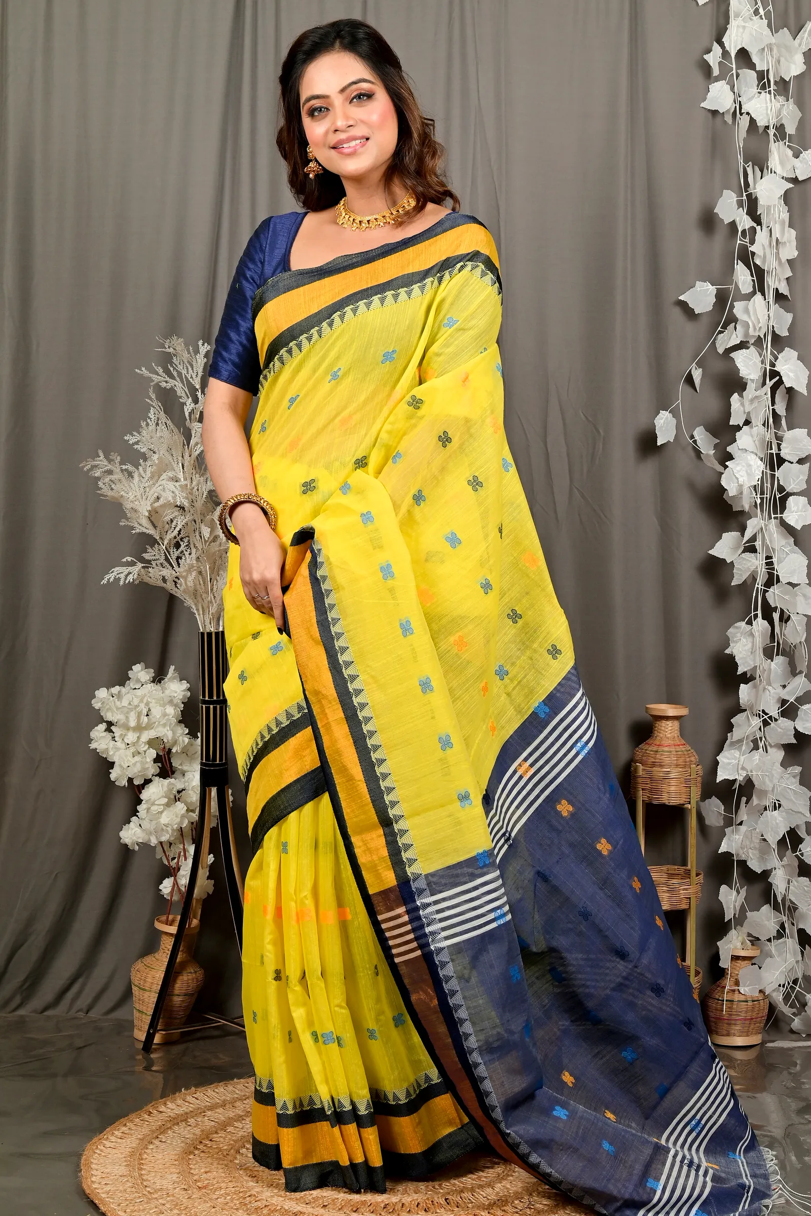 Yellow Blue Pure Cotton Debasi Hand Loom Saree (2947)