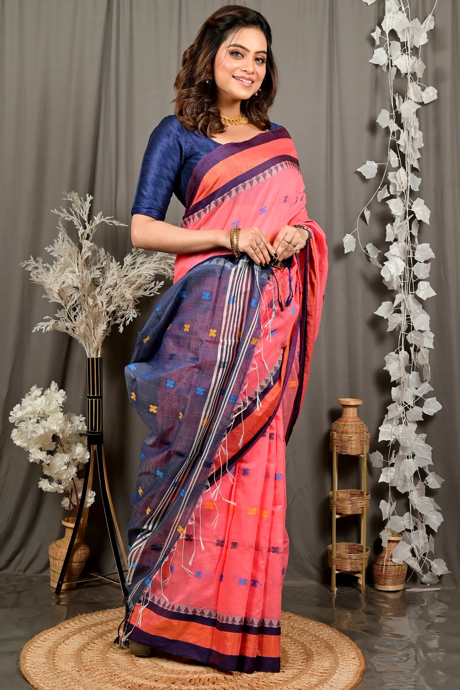 Rani Pink Blue Pure Cotton Debasi Hand Loom Saree (2948)