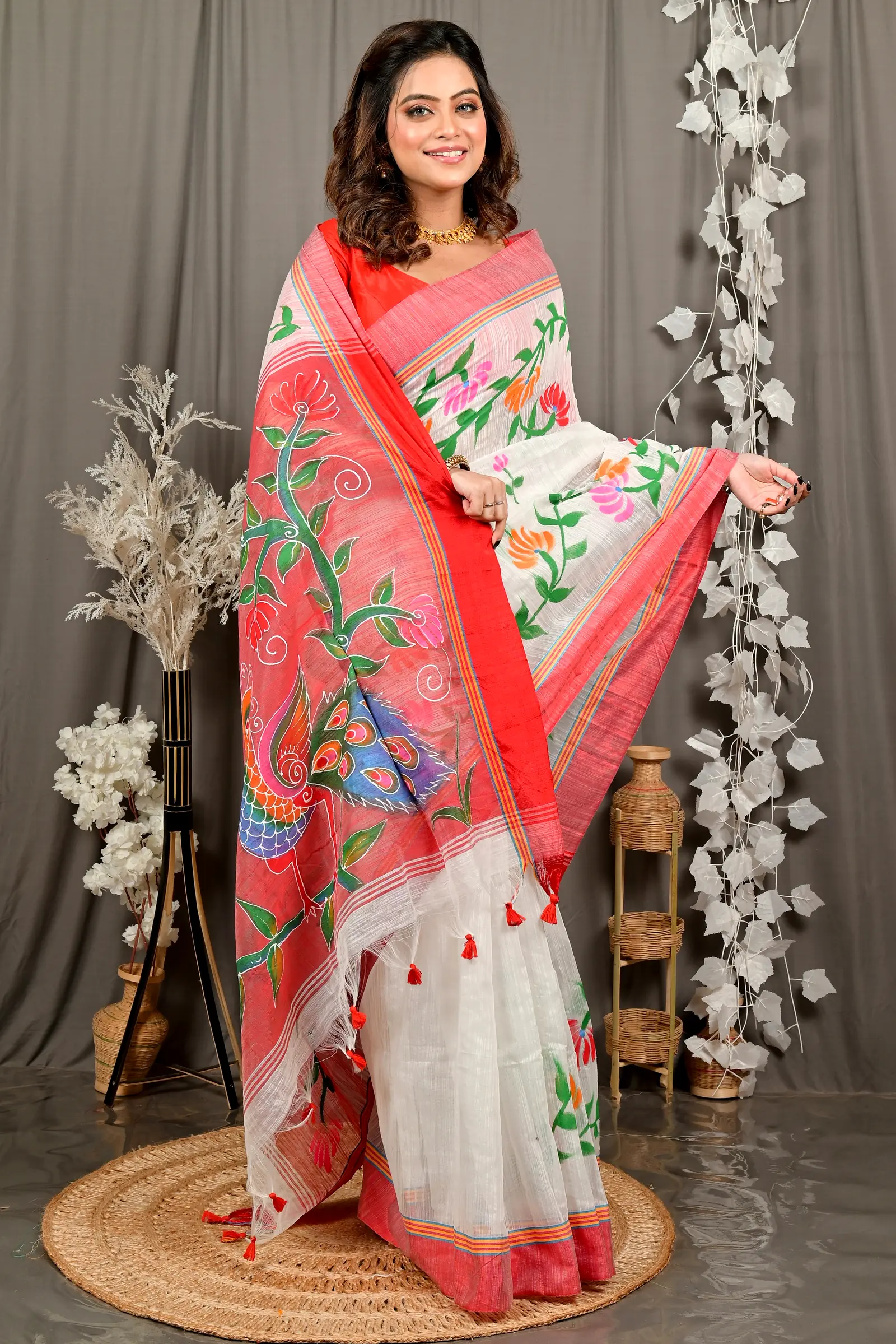 White Red Cotton Blend Deepsi Hand Painted Saree (2956)