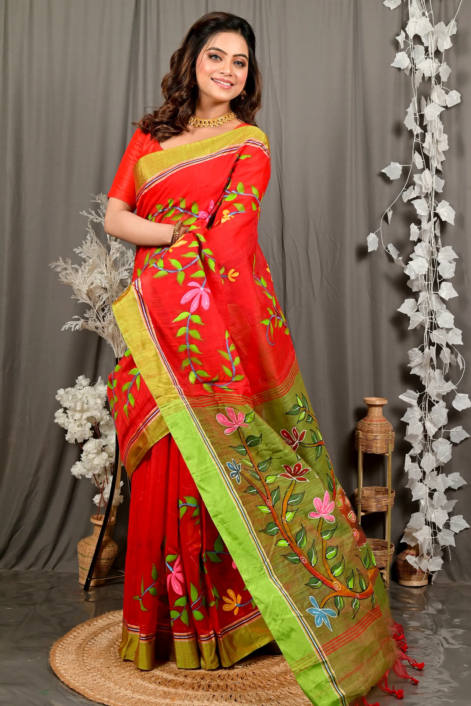 Red Green Cotton Blend Deepsi Hand Painted Saree (2957)