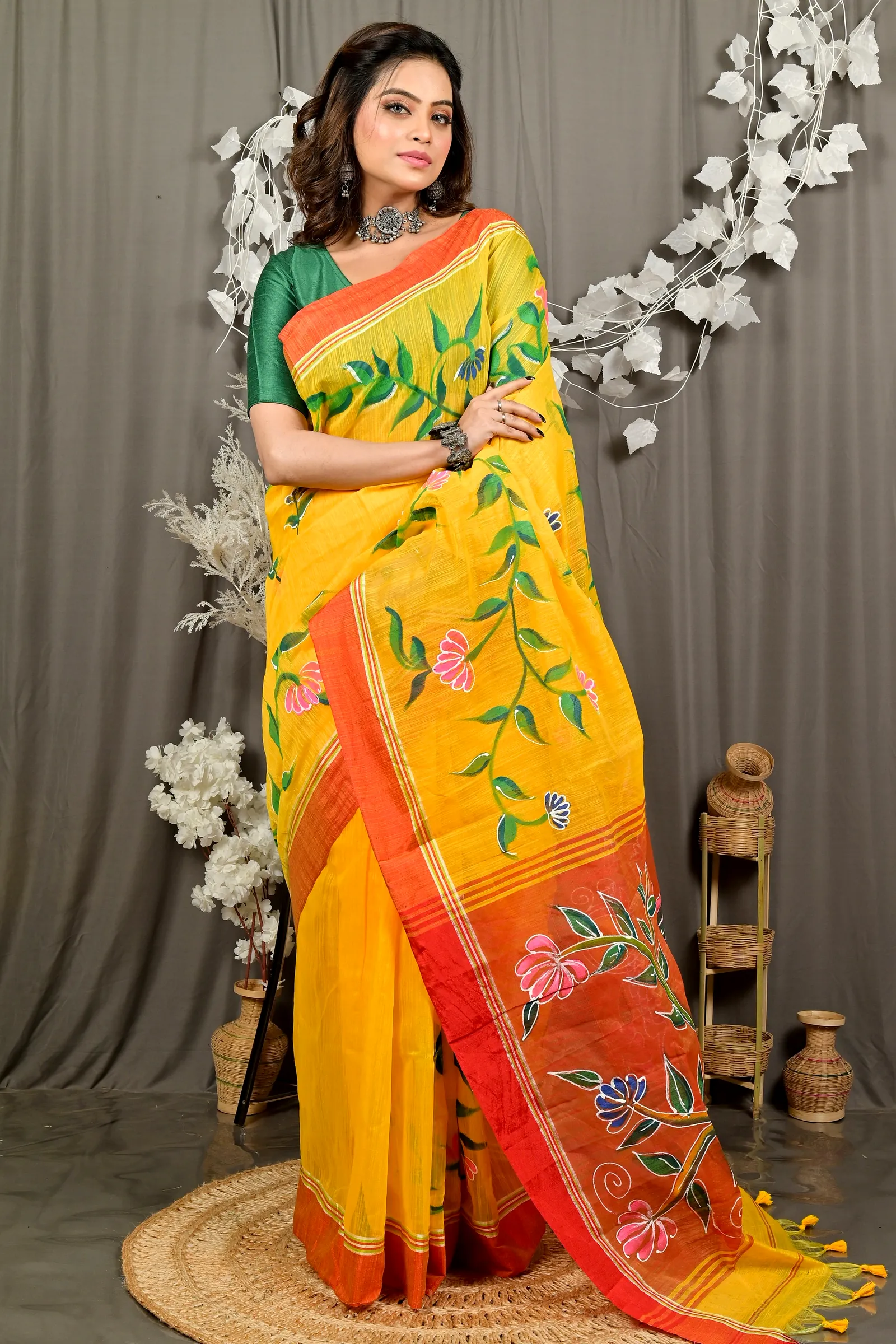 Yellow Red Cotton Blend Deepsi Hand Painted Saree (2958)