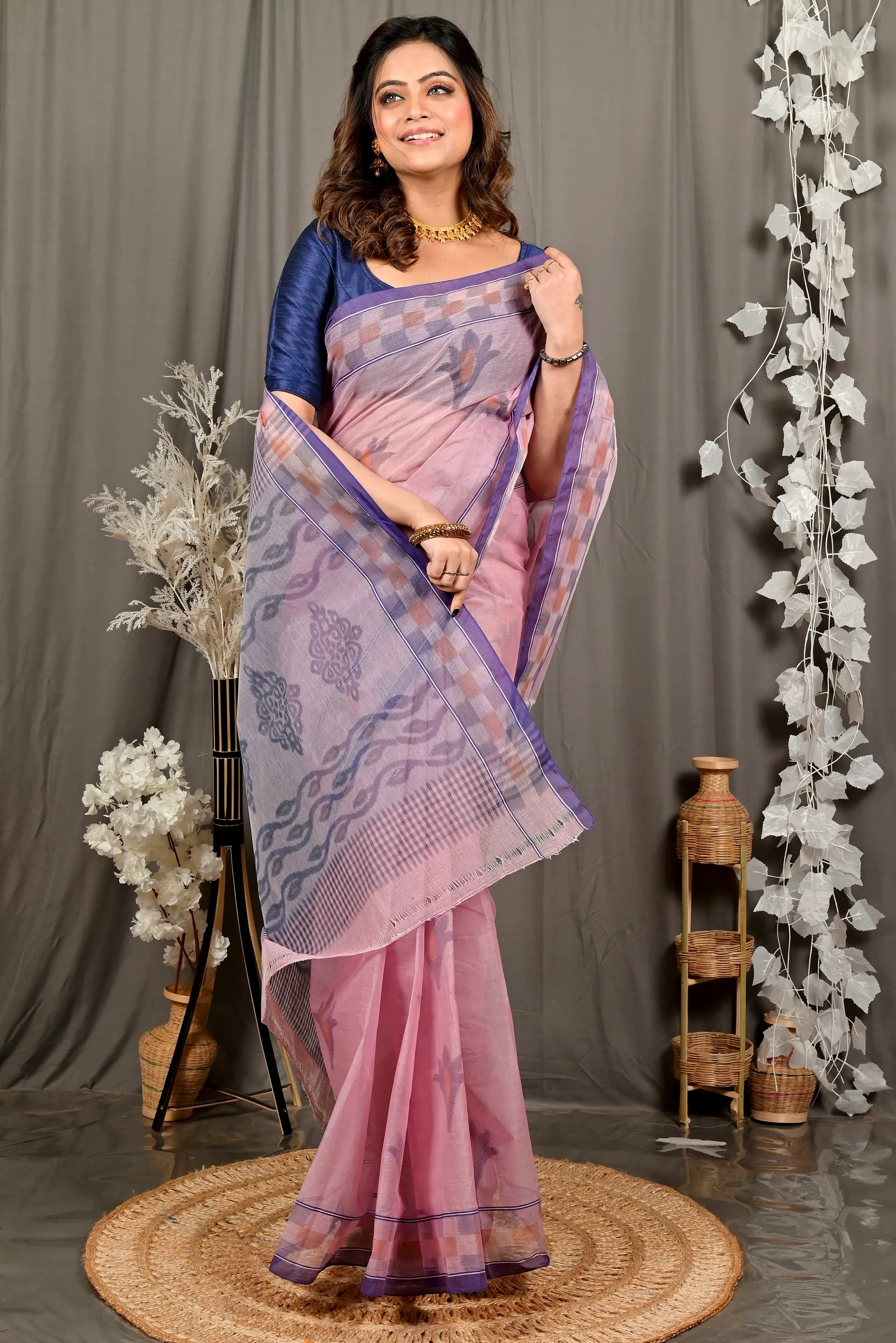 Peach Pure Cotton Devai Tant Saree Print (2959)