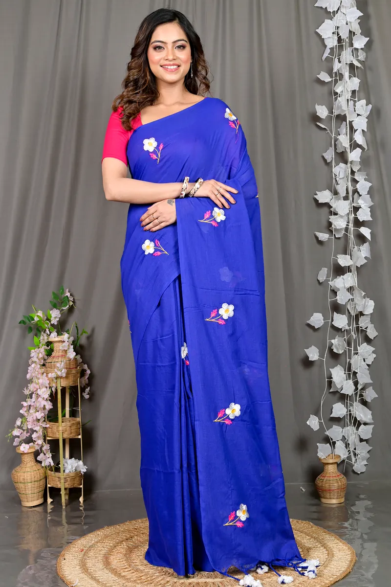 Blue Pure Cotton Paray Embroidery Handloom saree (296)