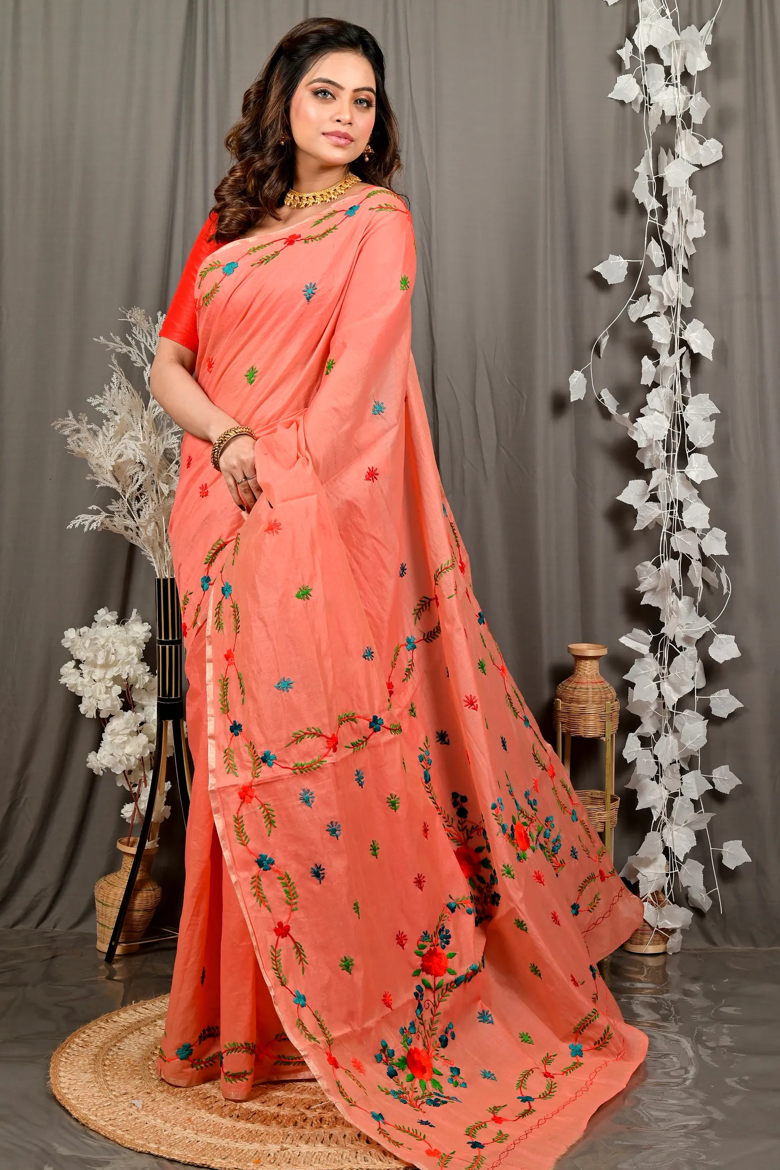 Peach Pure Cotton Devui Kantha Stitch Saree (2965)