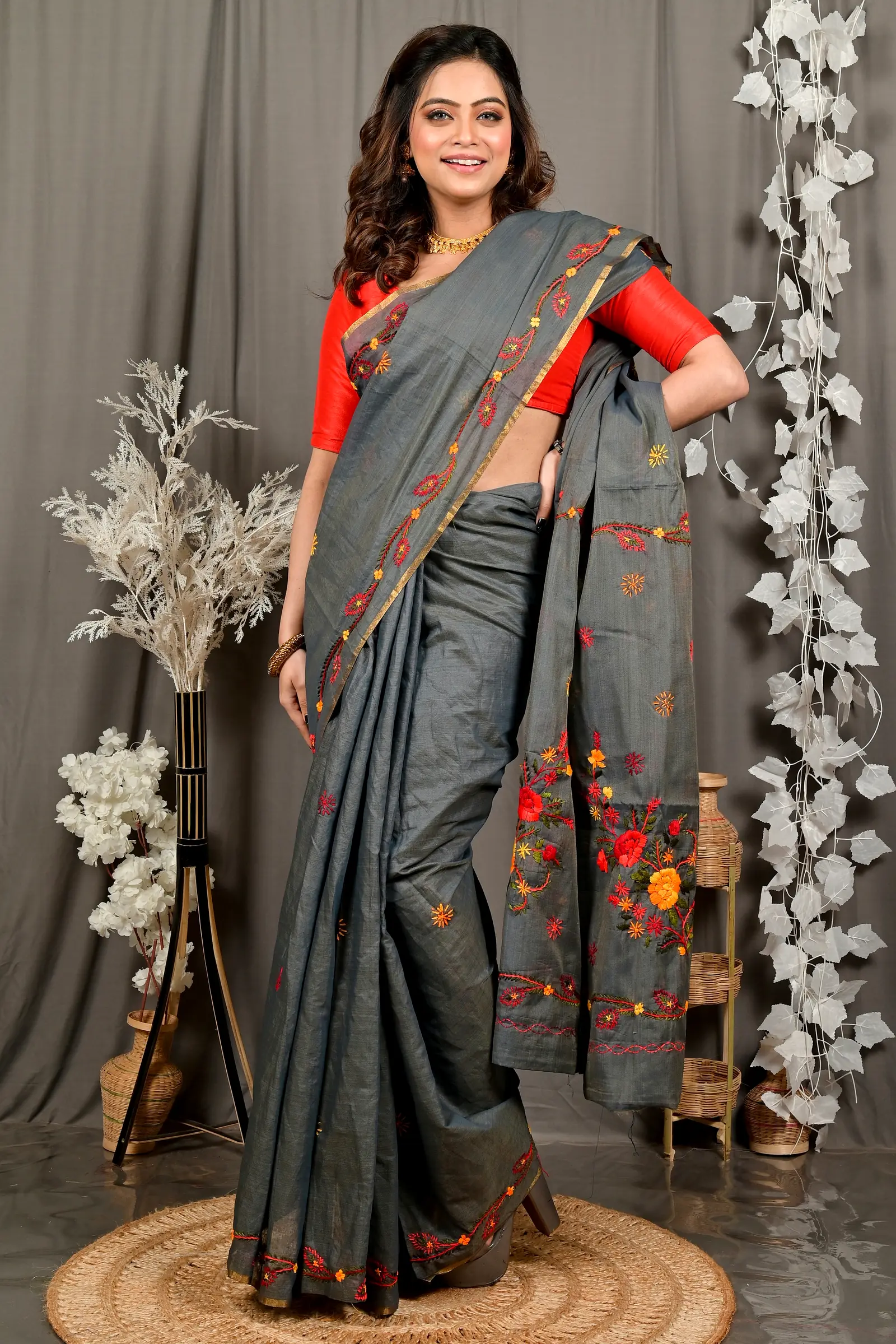 Dark Grey Pure Cotton Devui Kantha Stitch Saree (2966)