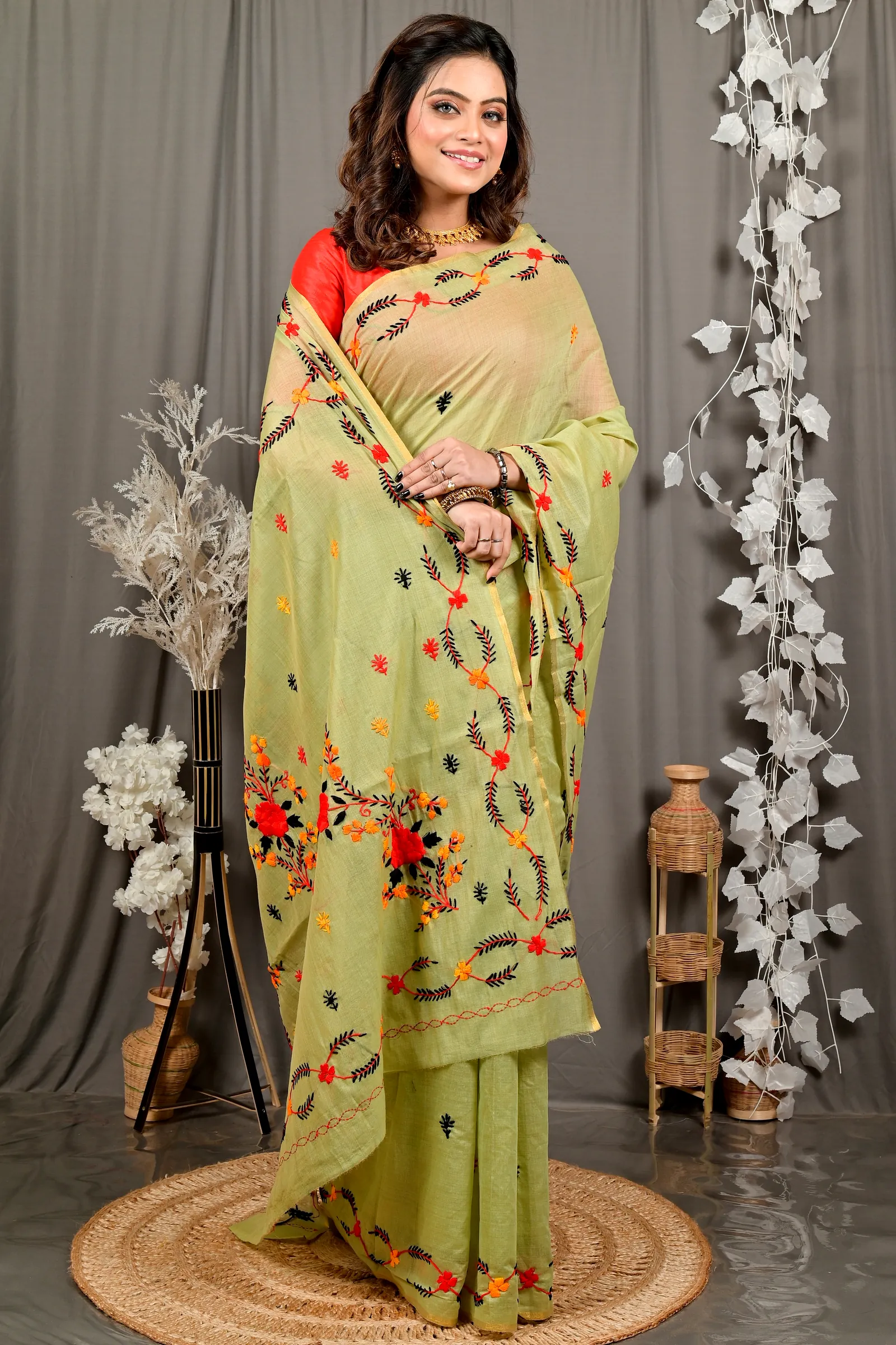 Lime Green Pure Cotton Devui Kantha Stitch Saree (2968)