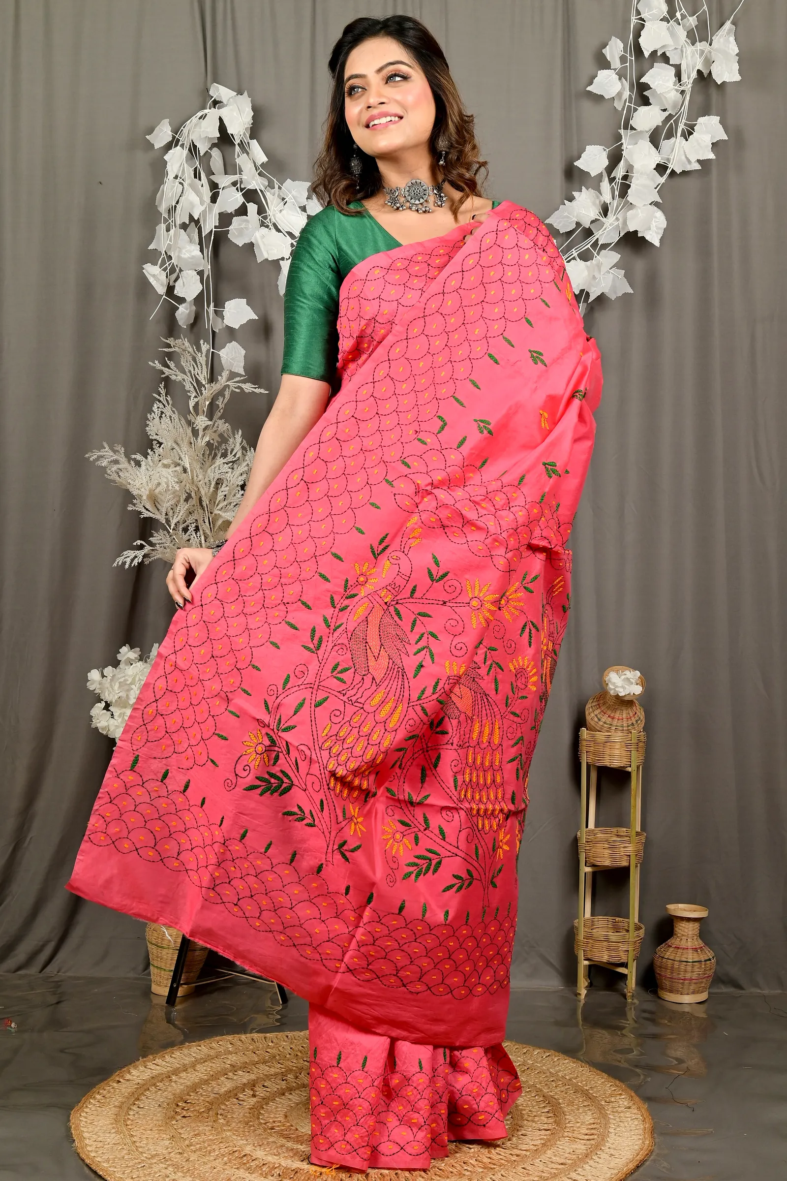 Dark Pink Cotton Blend Dharai Kantha Stitch Saree (2969)