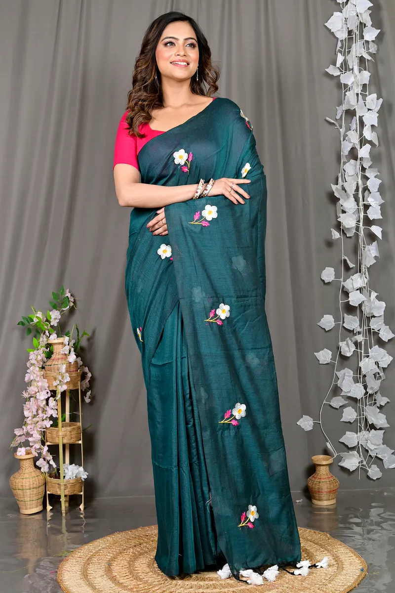 Turquoise Green Pure Cotton Paray Embroidery Handloom saree (297)