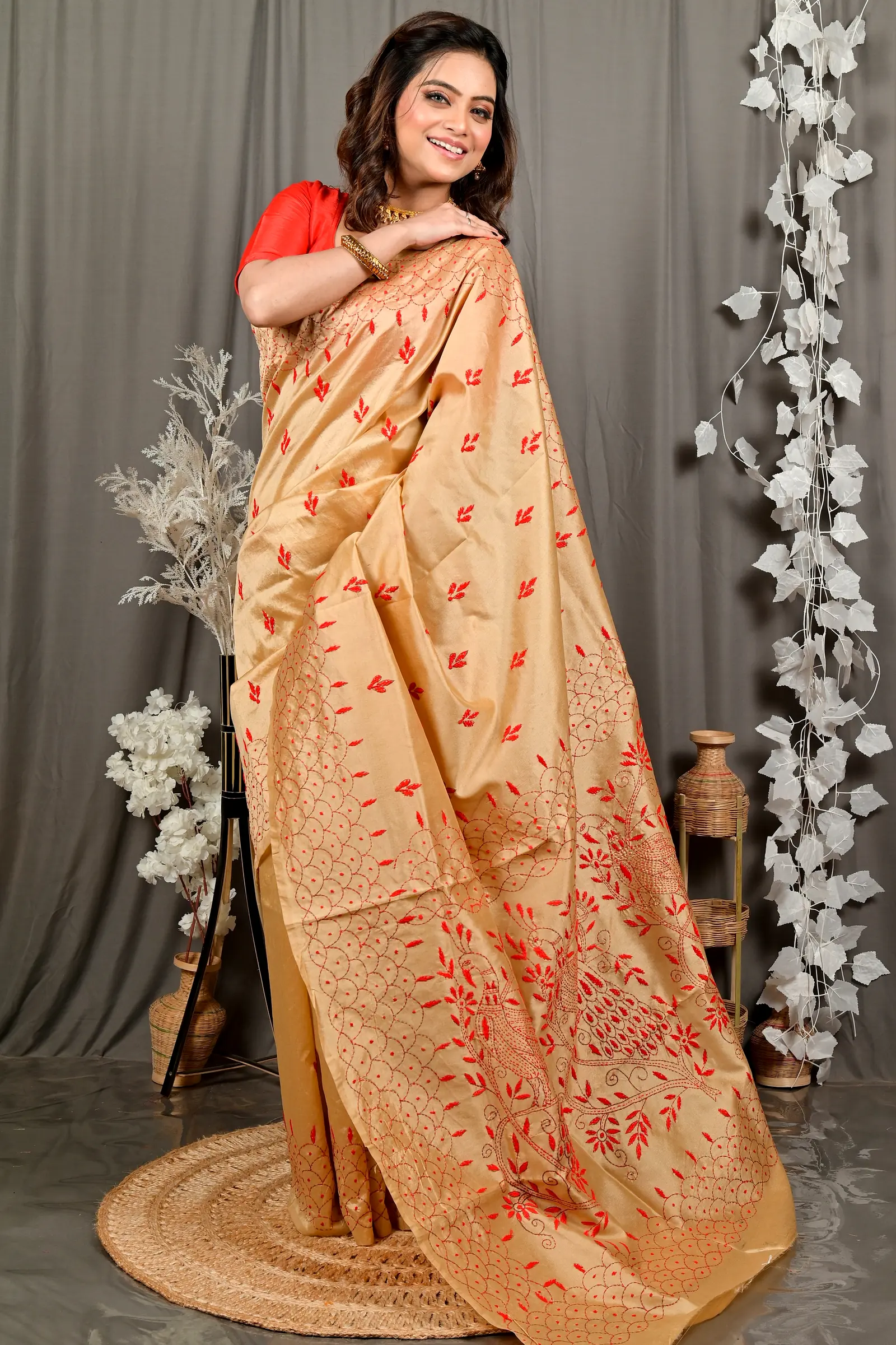 Golden Brown Cotton Blend Dharai Kantha Stitch Saree (2970)