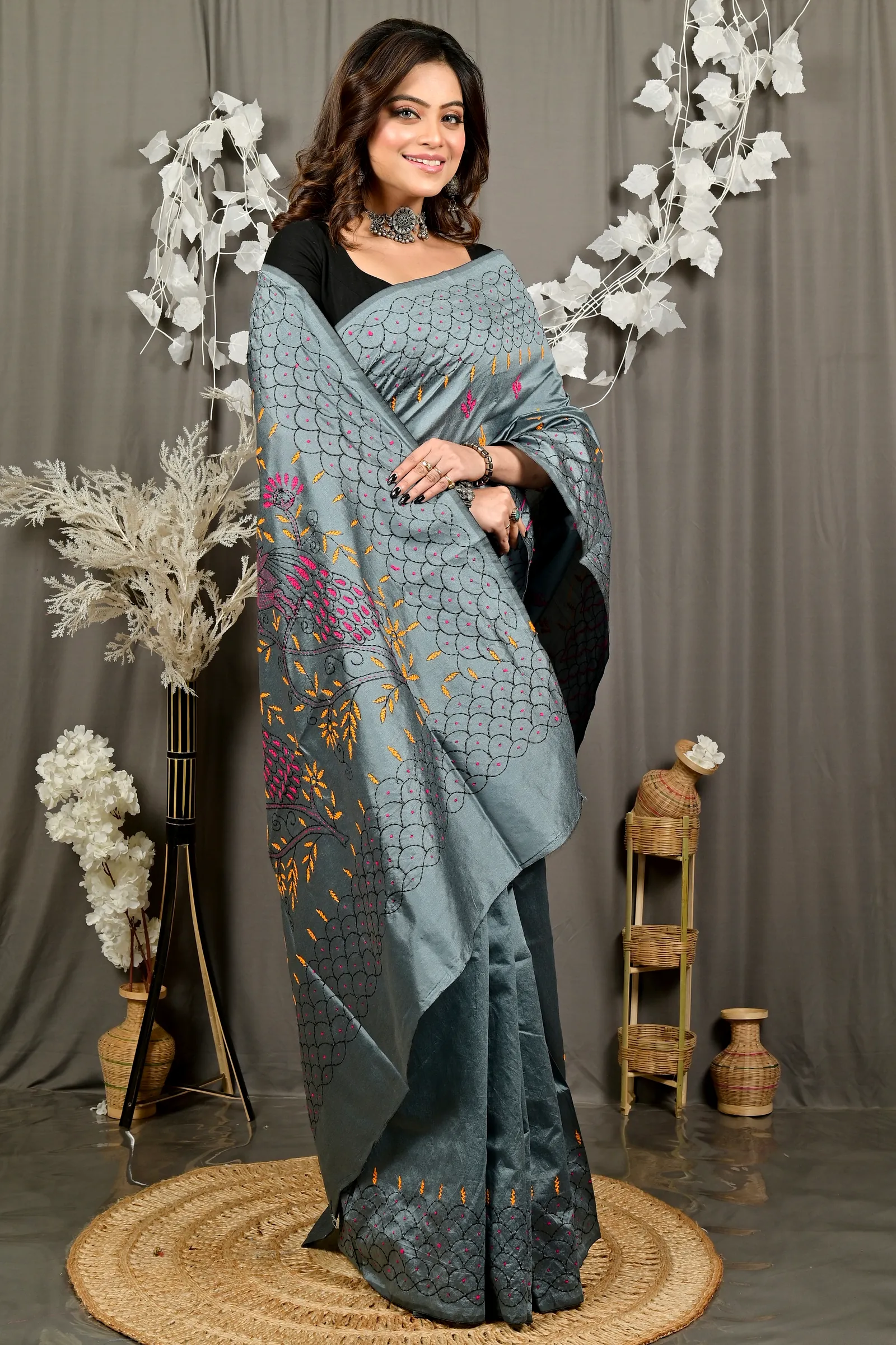 Dark Grey Cotton Blend Dharai Kantha Stitch Saree (2971)