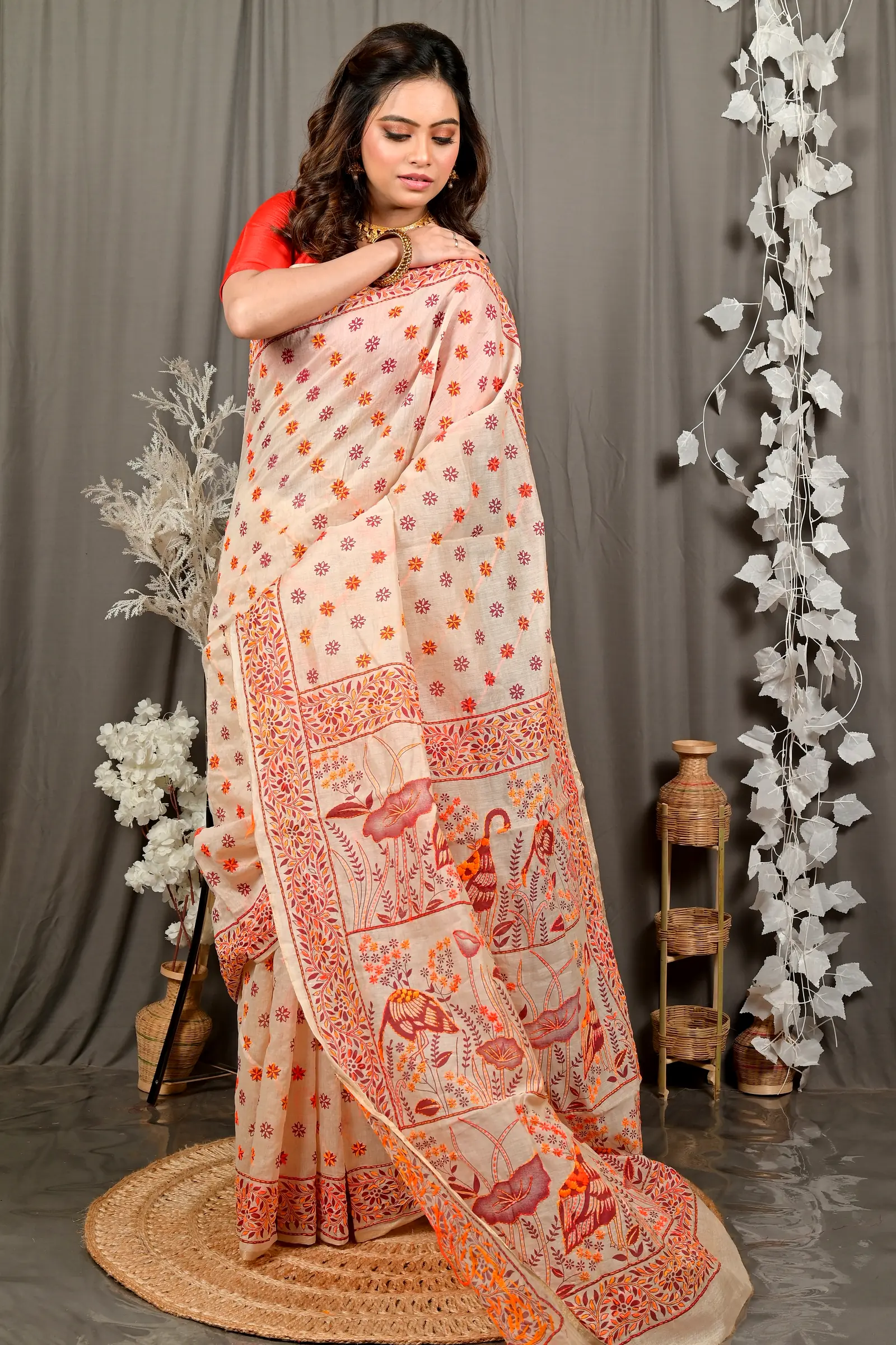 Off-White Orange Pure Cotton Dhriti Kantha Stitch Saree (2974)