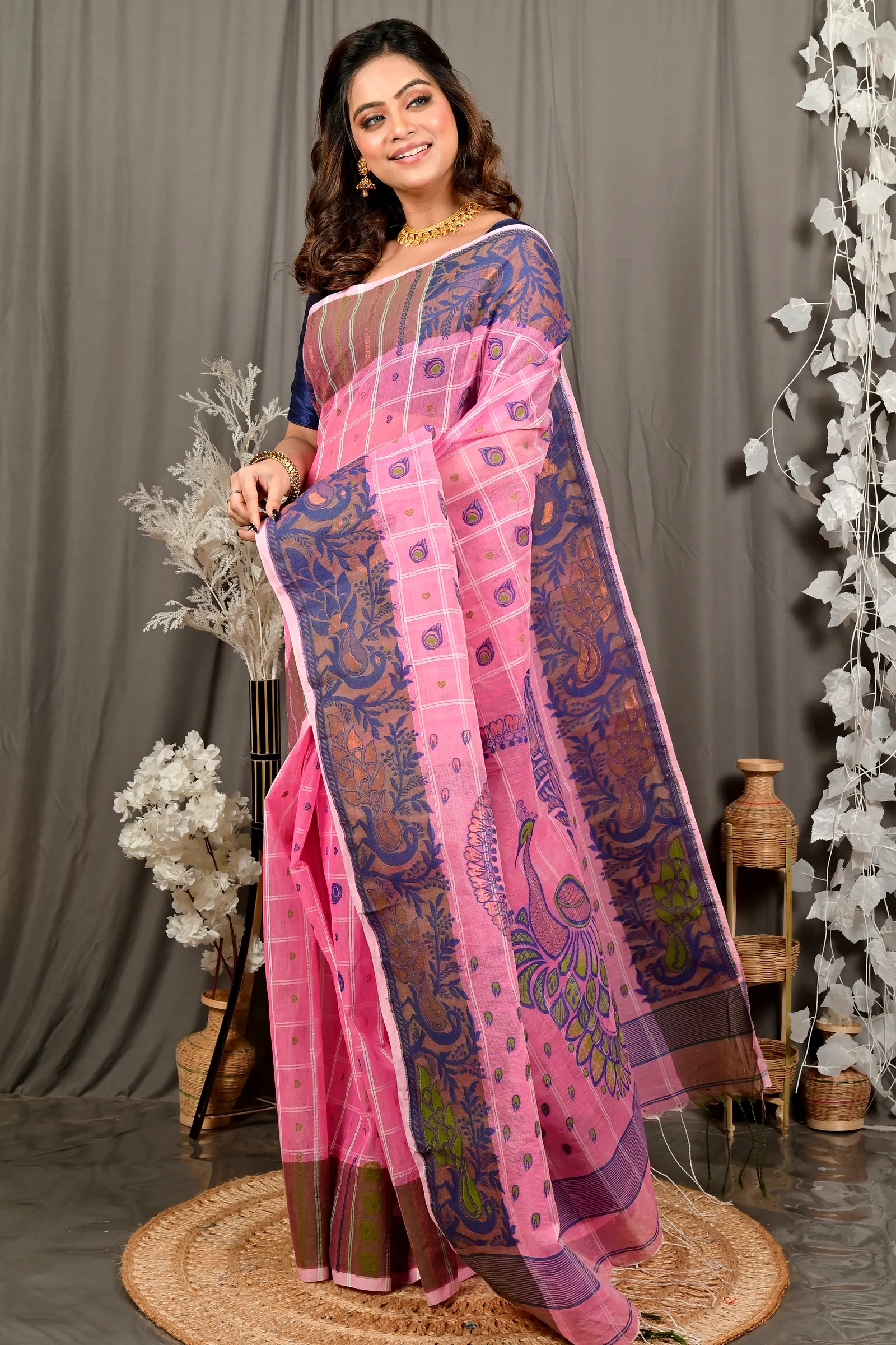 Pink Pure Cotton Dhrubi Jamdani Saree (2975)