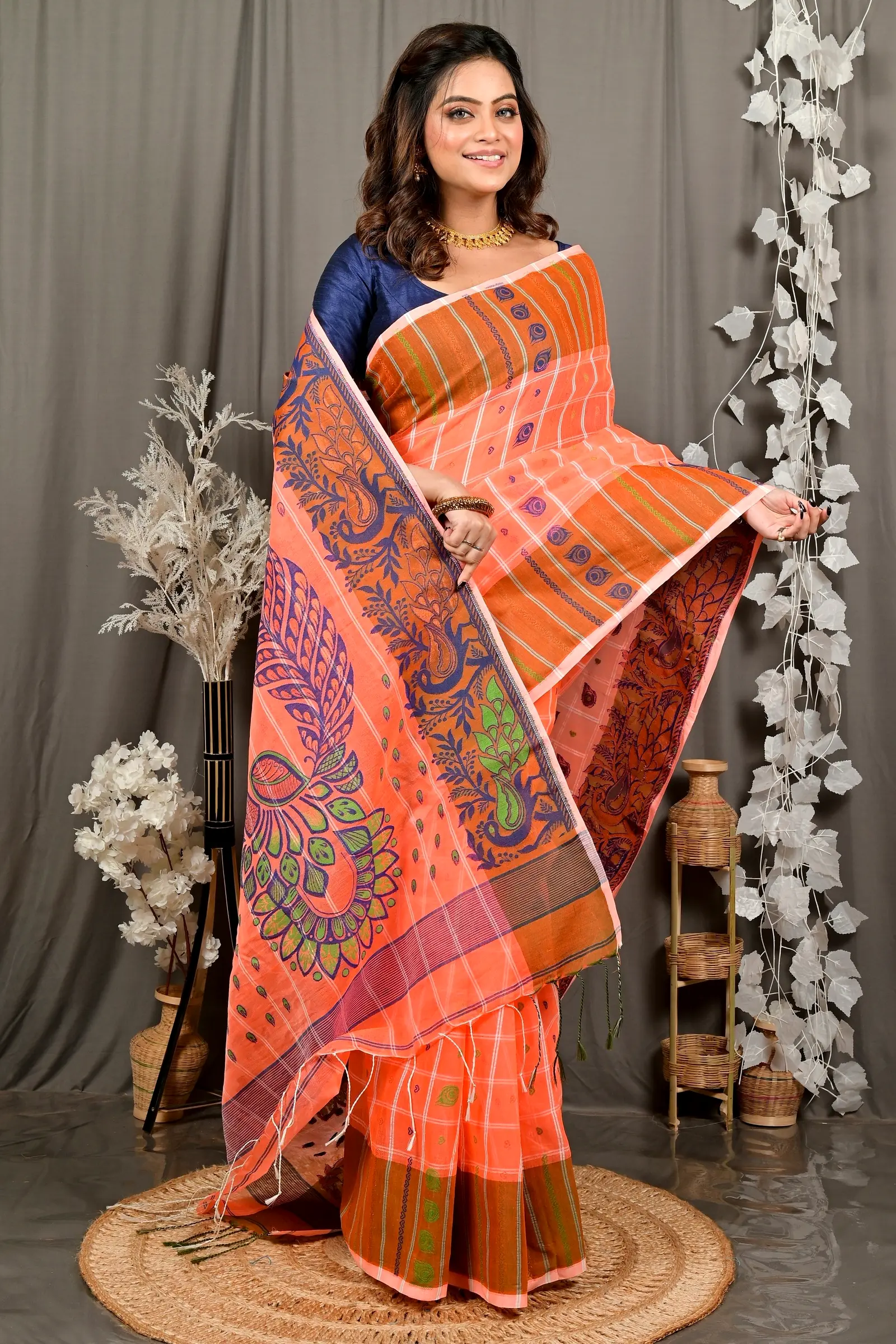 Orange Pure Cotton Dhrubi Jamdani Saree (2976)