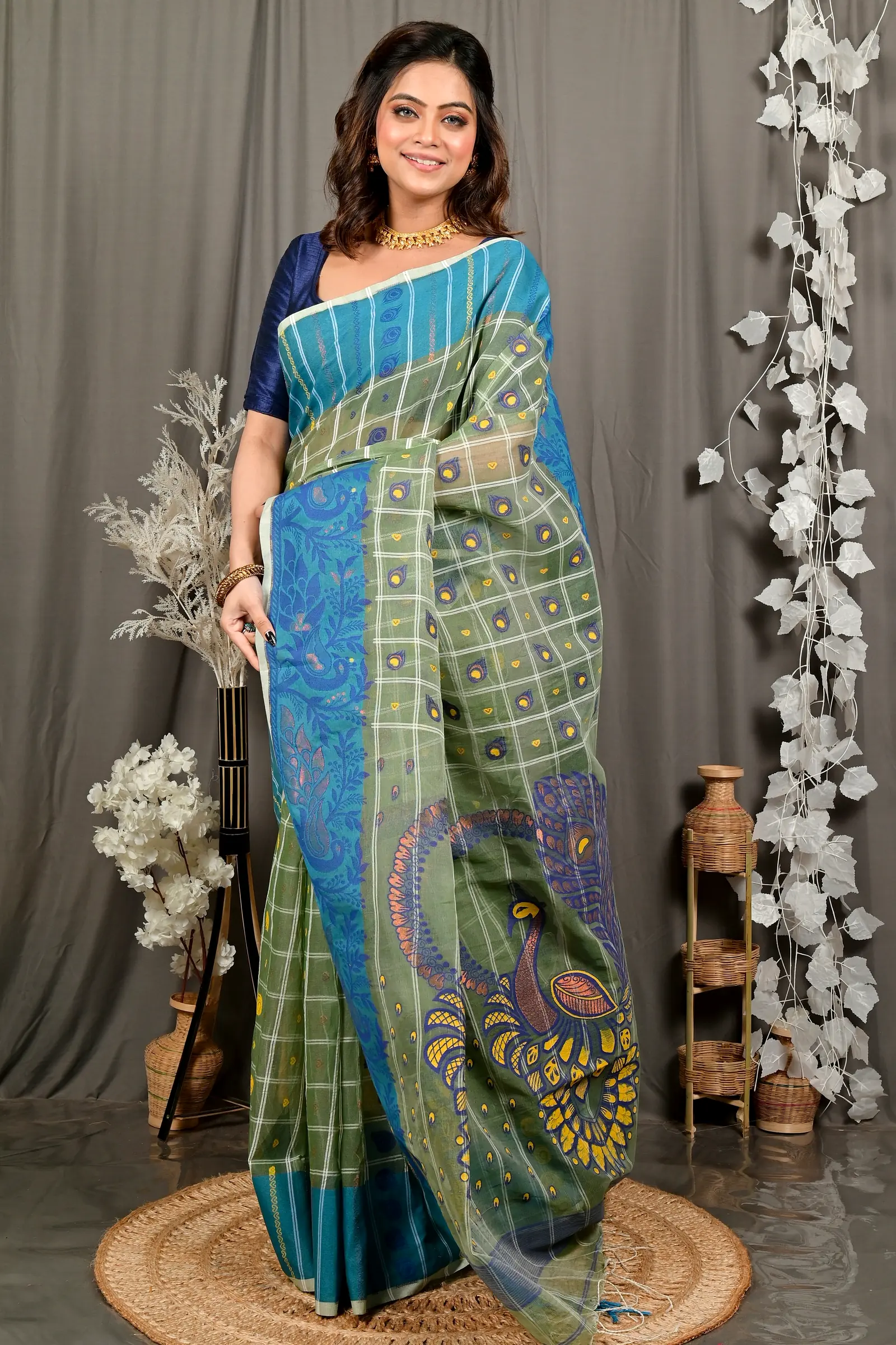 Dark Green Pure Cotton Dhrubi Jamdani Saree (2977)