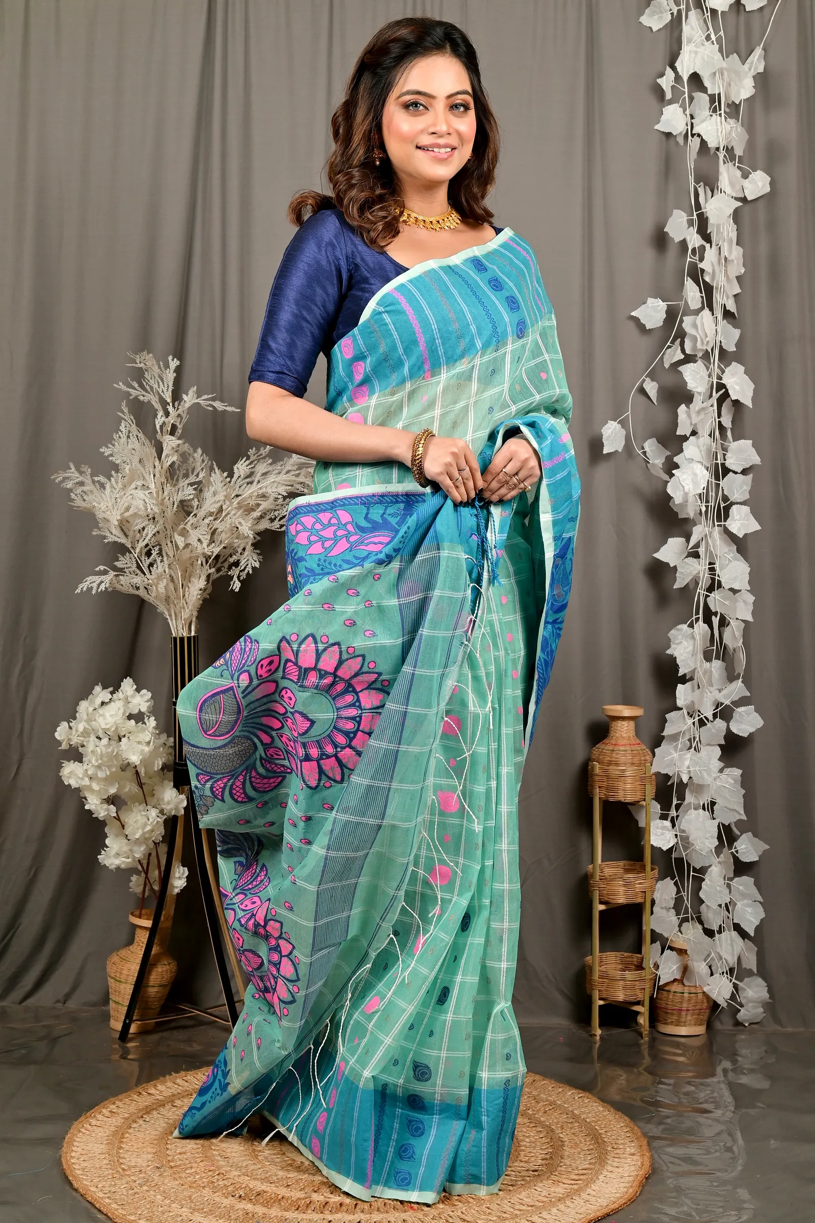 See Green Pure Cotton Dhrubi Jamdani Saree (2978)
