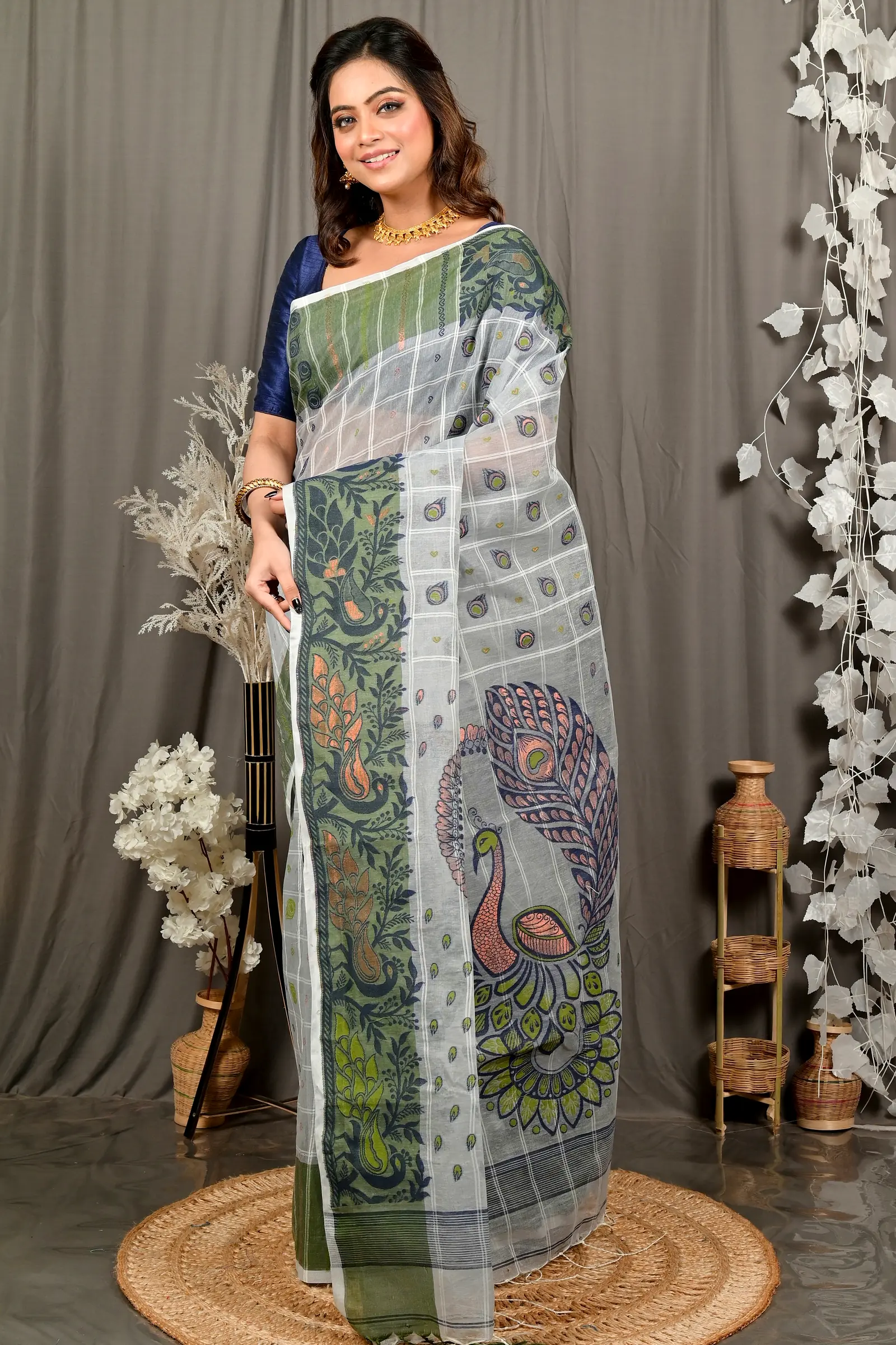 Grey Green Pure Cotton Dhrubi Jamdani Saree (2979)