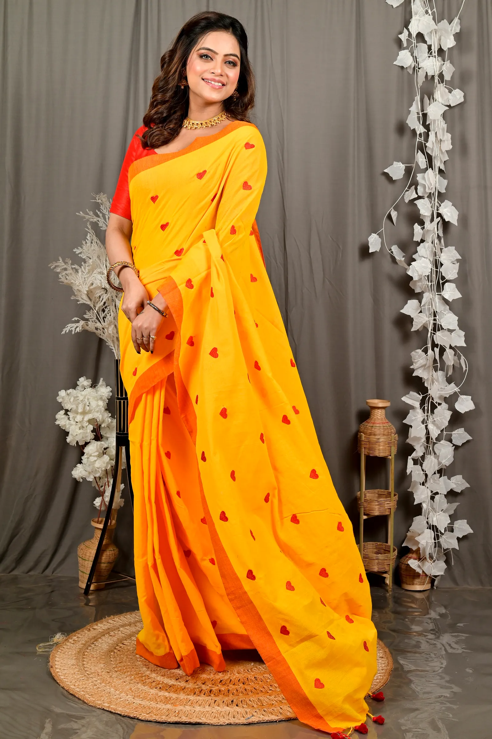 Yellow Pure Cotton Dhrli Embroidery Handloom saree (2983)