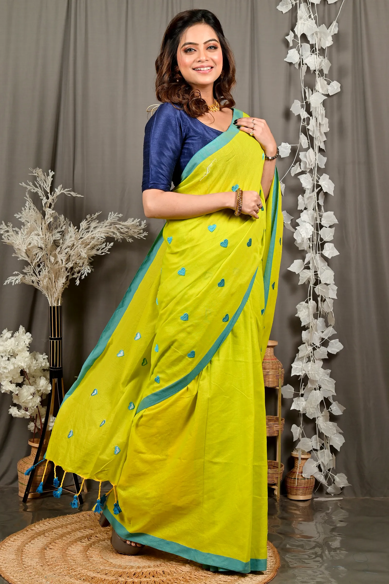 Lime Green Pure Cotton Dhrli Embroidery Handloom saree (2984)