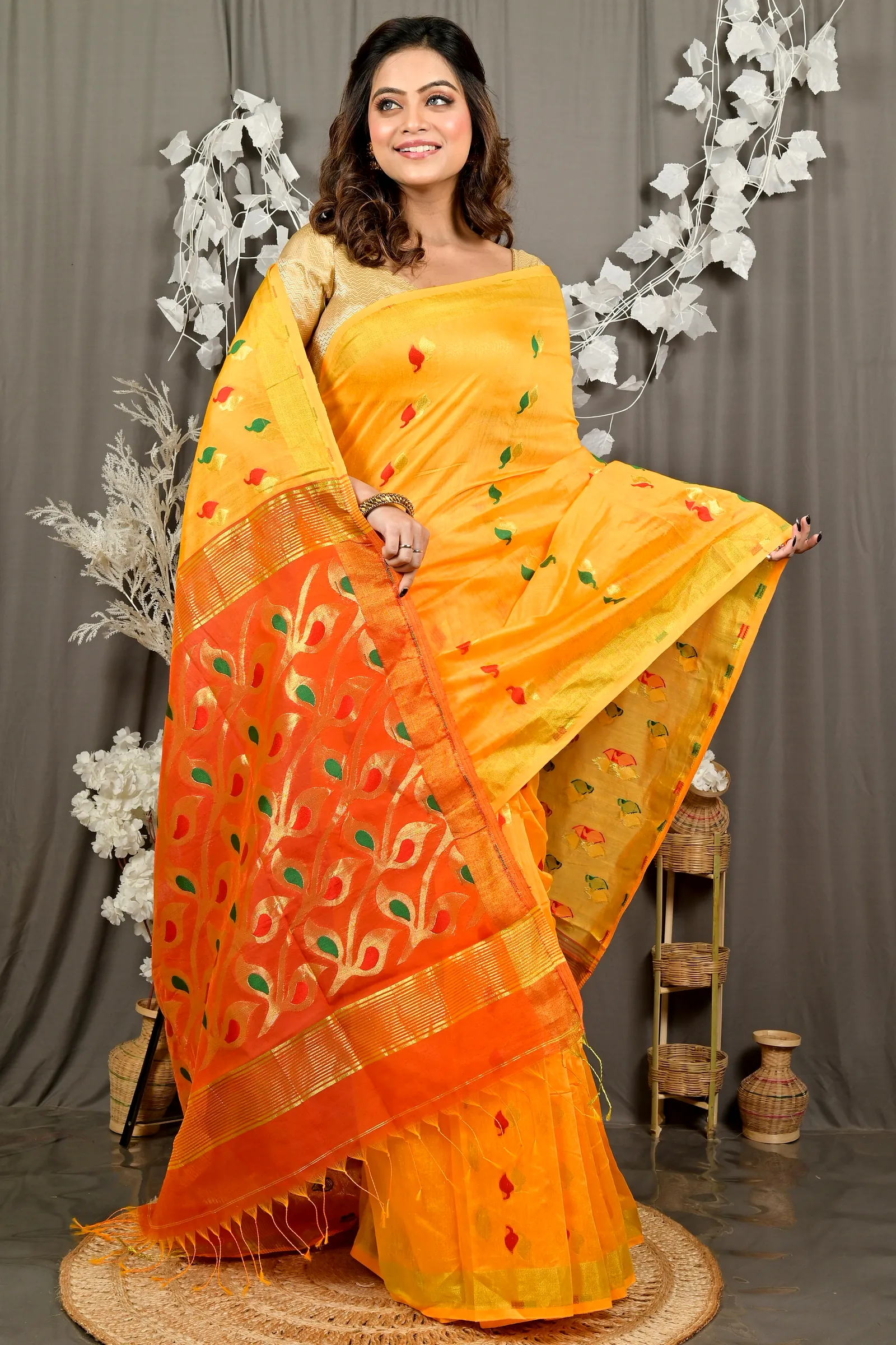 Yellow Red Cotton Blend Dhrum Hand Loom Saree (2988)
