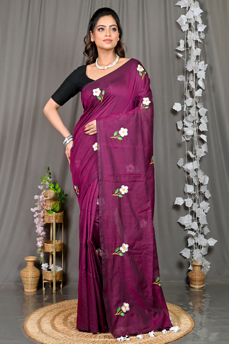 Violet Pure Cotton Paray Embroidery Handloom saree (299)