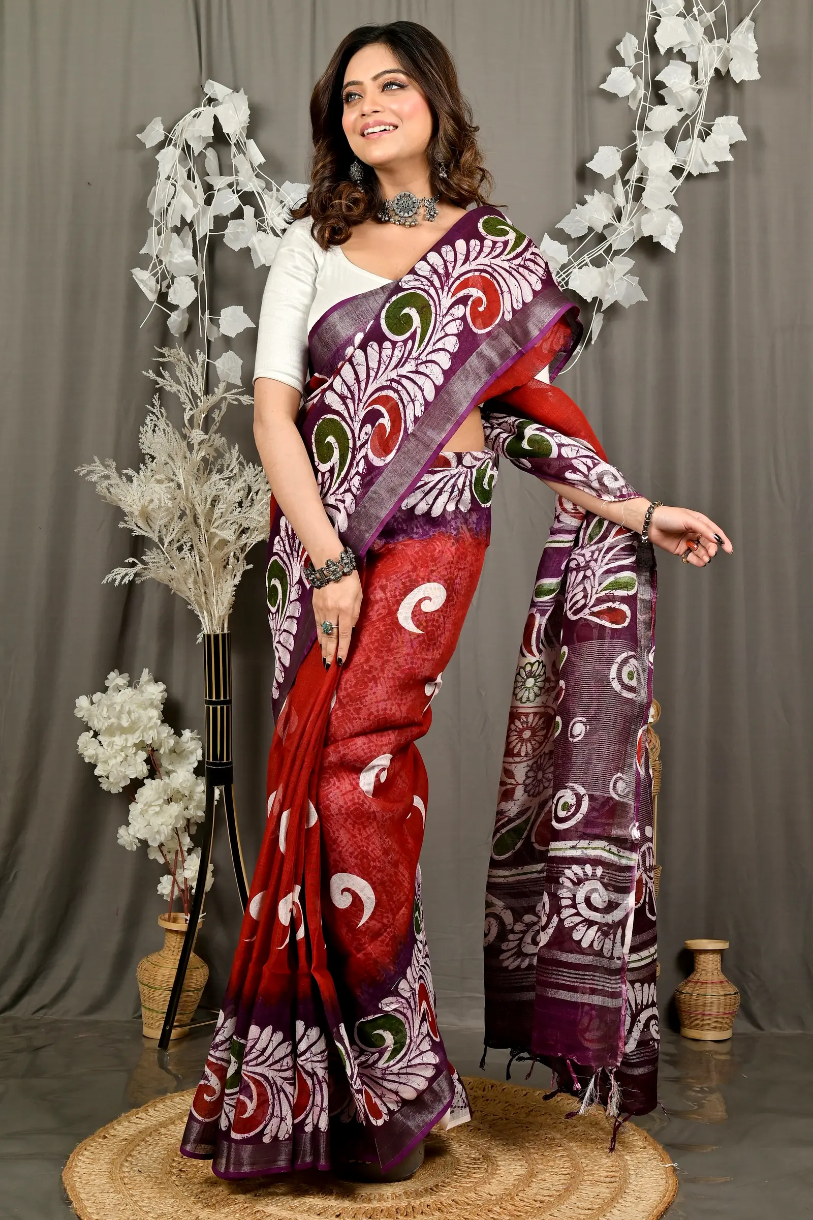 Marun Pure Cotton Dinesi Batik Print Saree (2994)