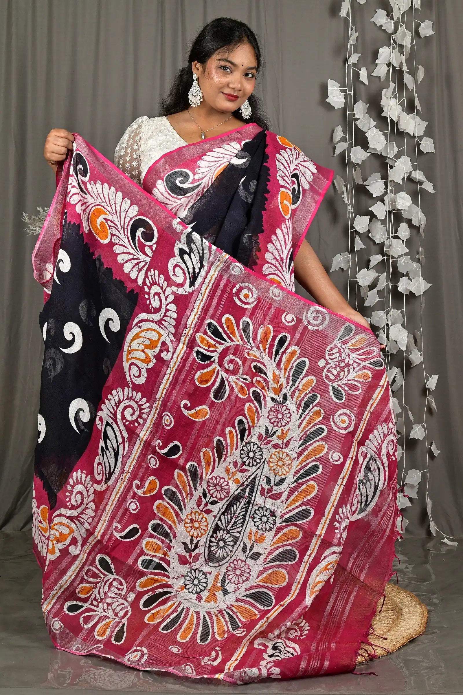 Purpel Black Pure Cotton Dinesi Batik Print Saree (2995)