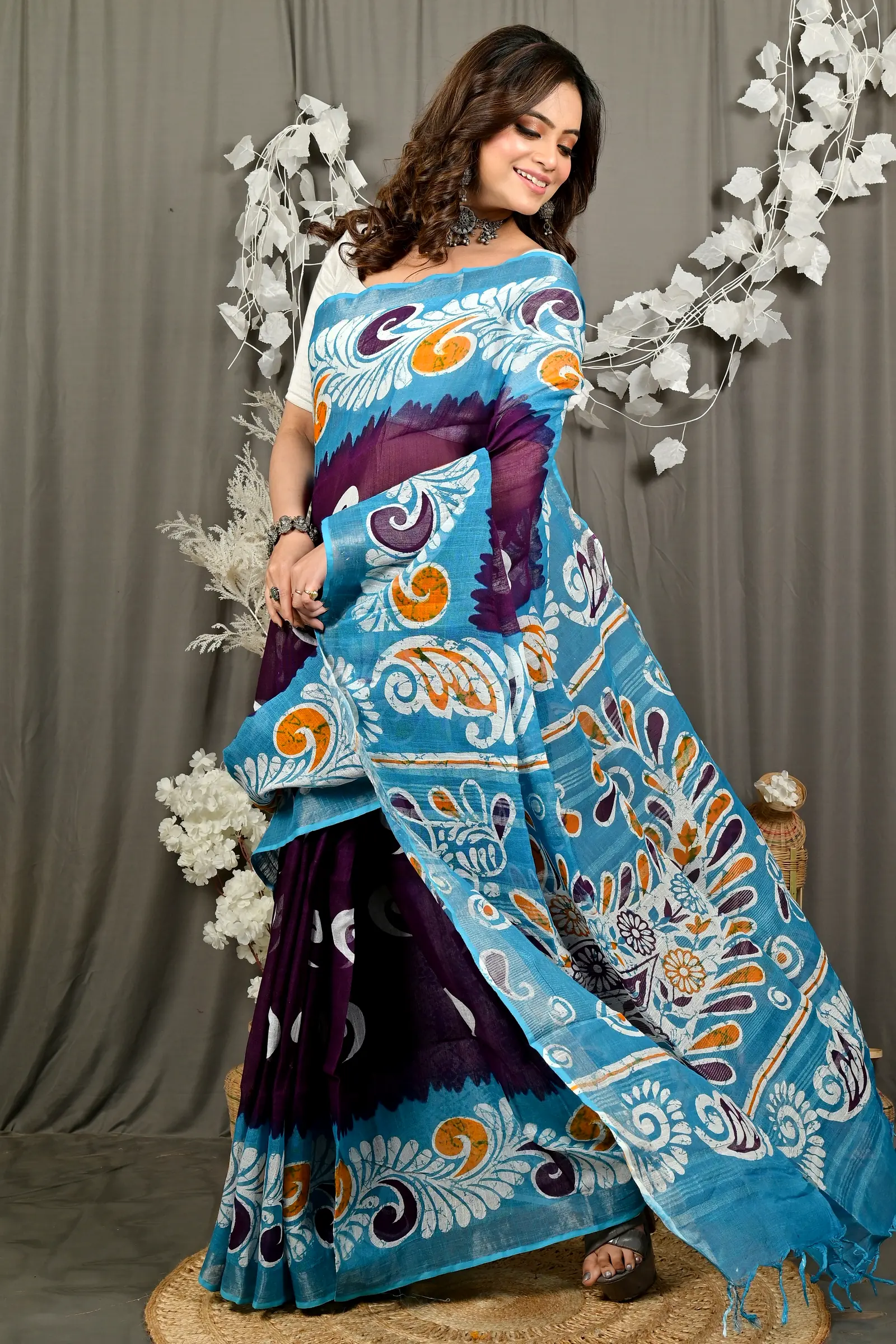 Purpel Sky Blue Pure Cotton Dinesi Batik Print Saree (2999)