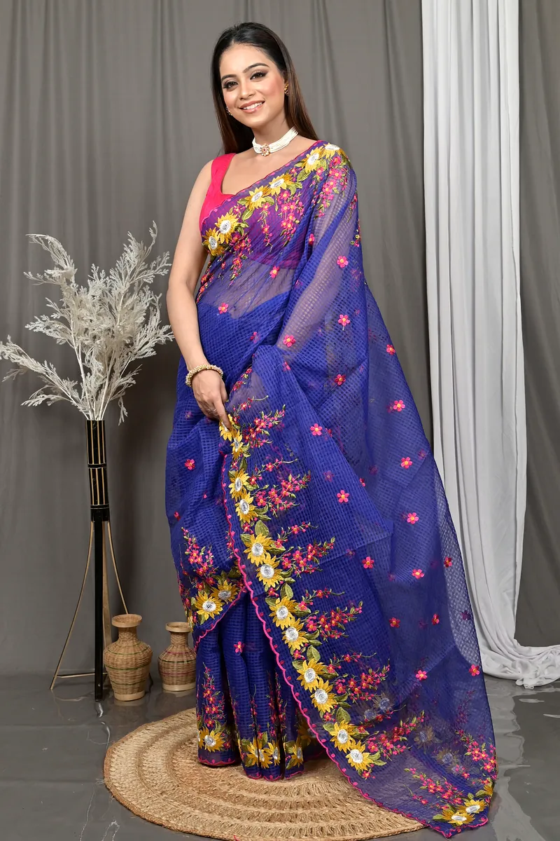 Naby Blue Cotton Kotambo Mix Kota Embroidery Saree  (30)