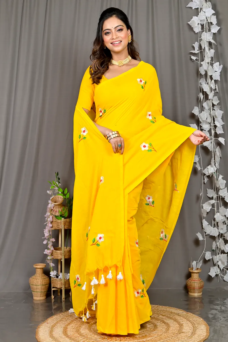 Yellow Pure Cotton Paray Embroidery Handloom saree (300)