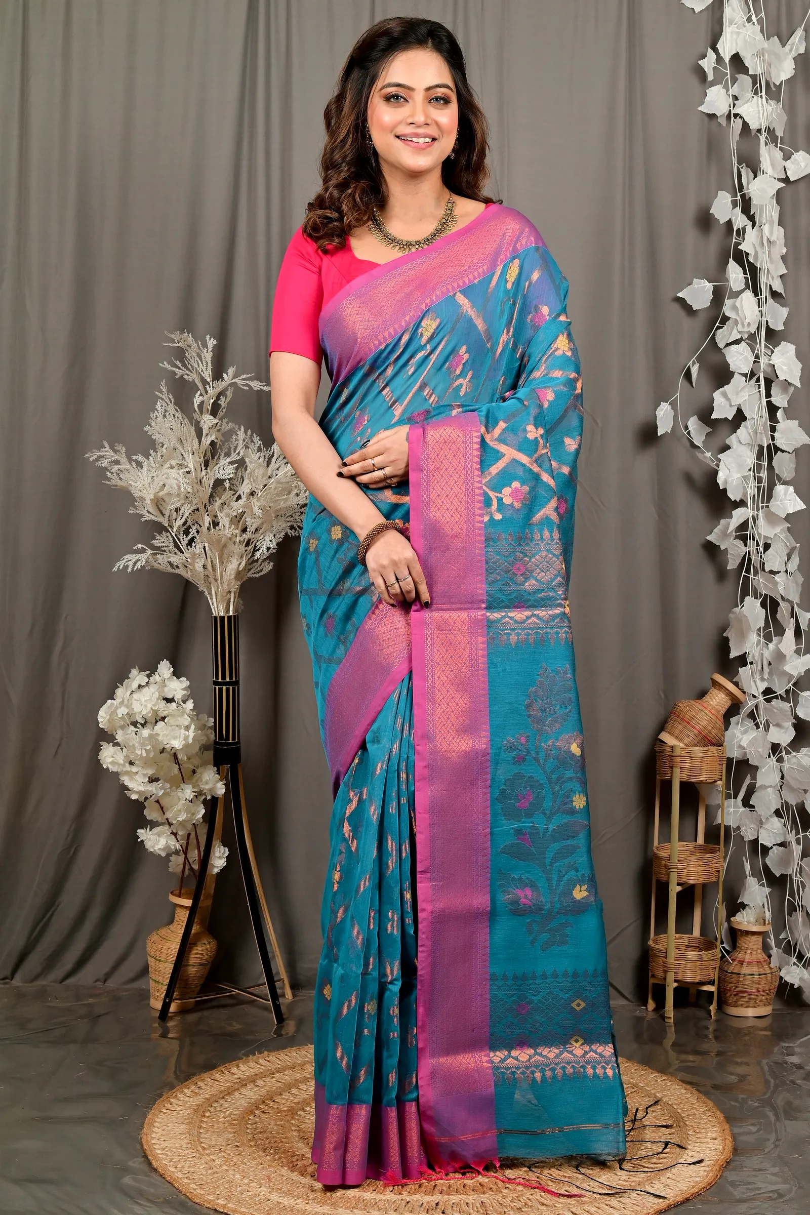Blue Blended Cotton Dinui Hand Loom Saree (3000)