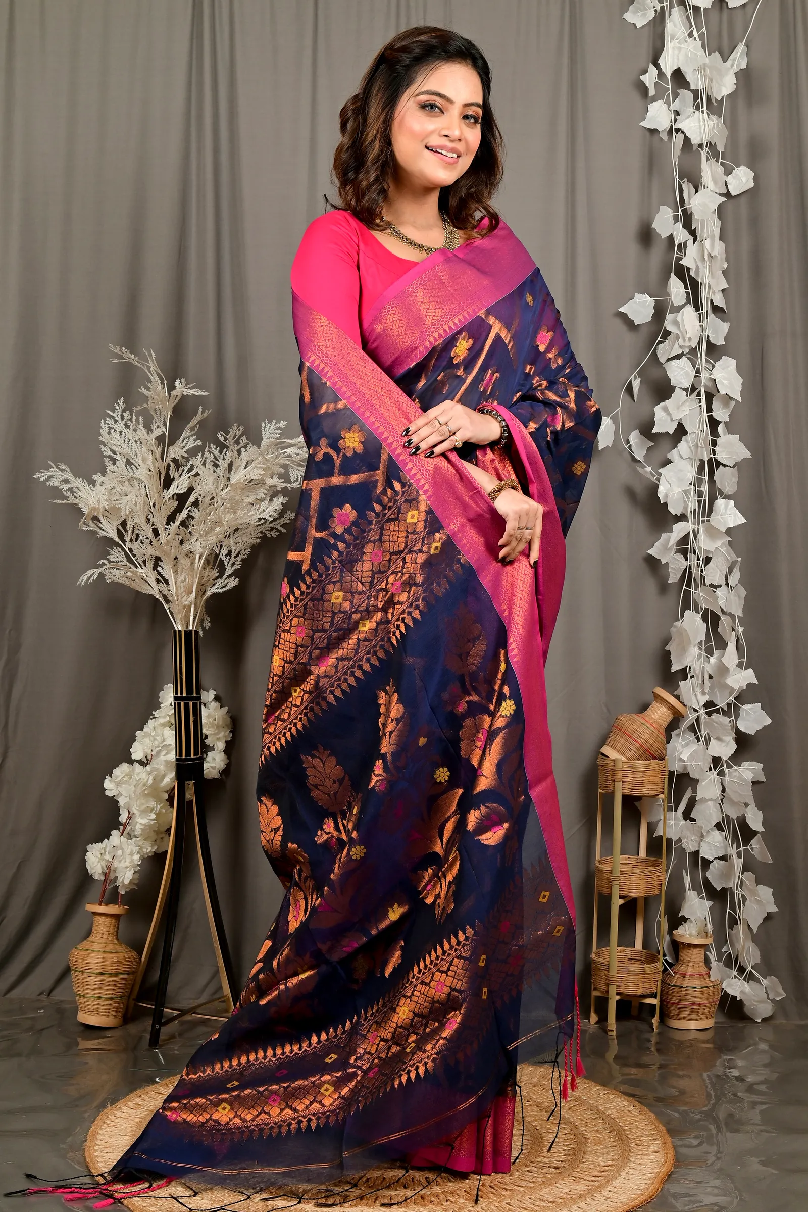 Naby Blue Blended Cotton Dinui Hand Loom Saree (3001)