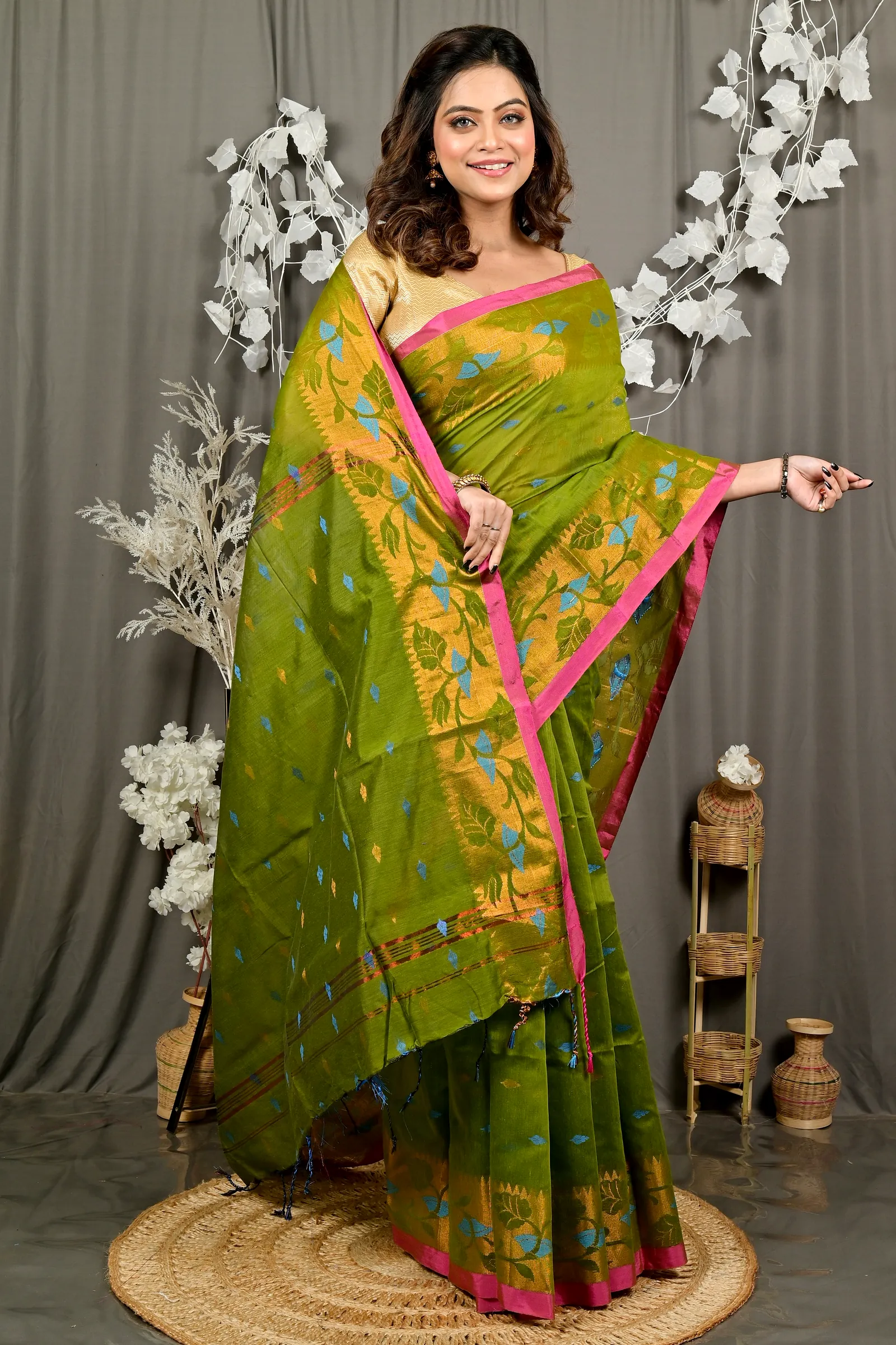 Green Cotton Dipani Hand Loom Saree (3005)