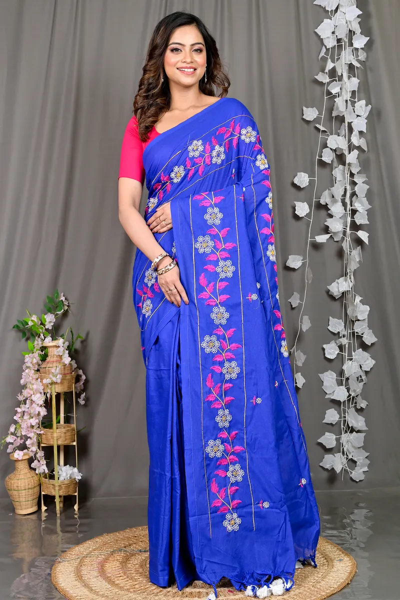 Blue Cotton Blended Paraya Embroidery Handloom saree (302)