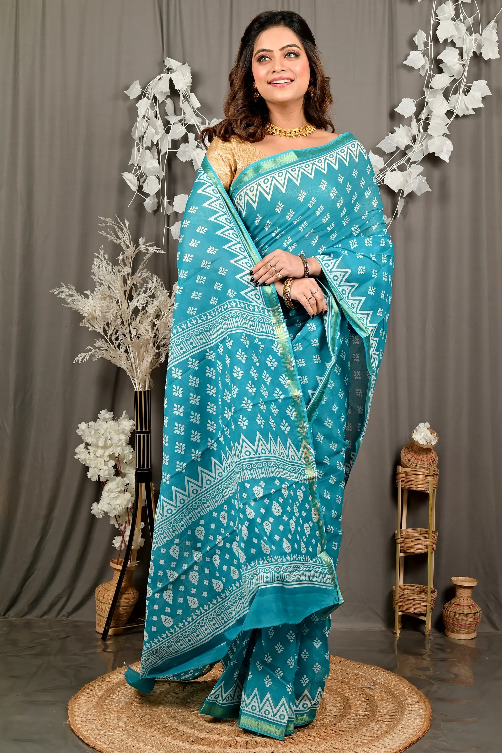 Sky Blue Pure Cotton Febasi Batik Print Saree (3020)