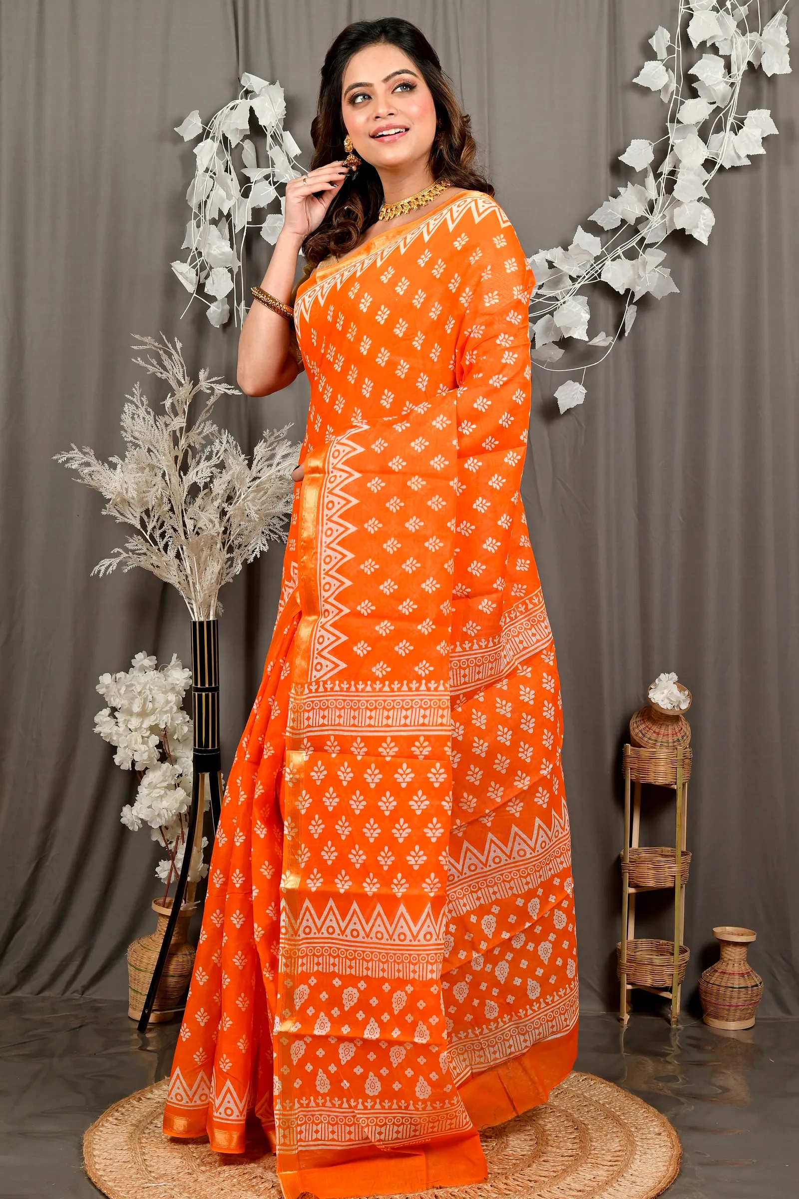 Orange Pure Cotton Febasi Batik Print Saree (3021)