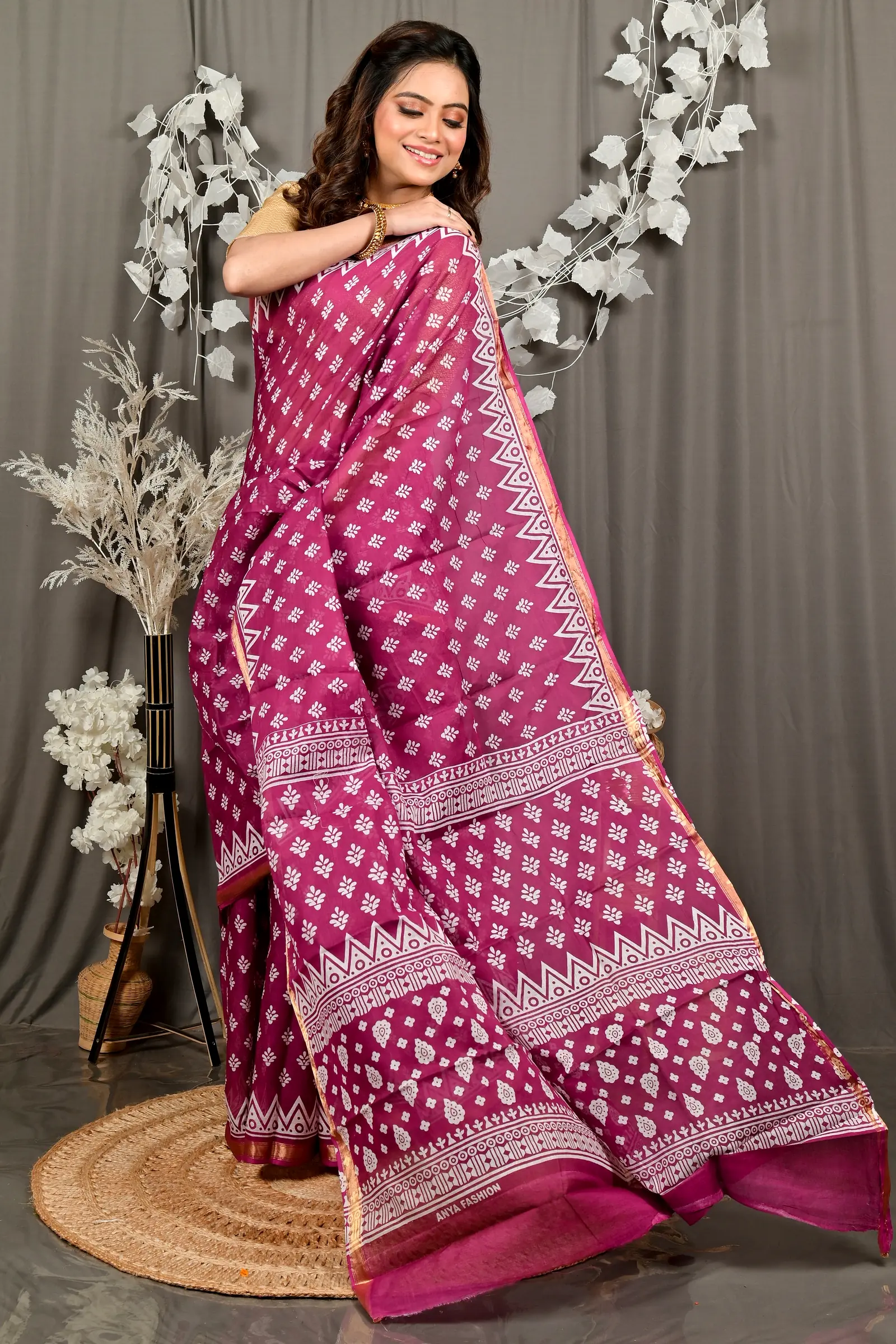 Purpel Pure Cotton Febasi Batik Print Saree (3022)