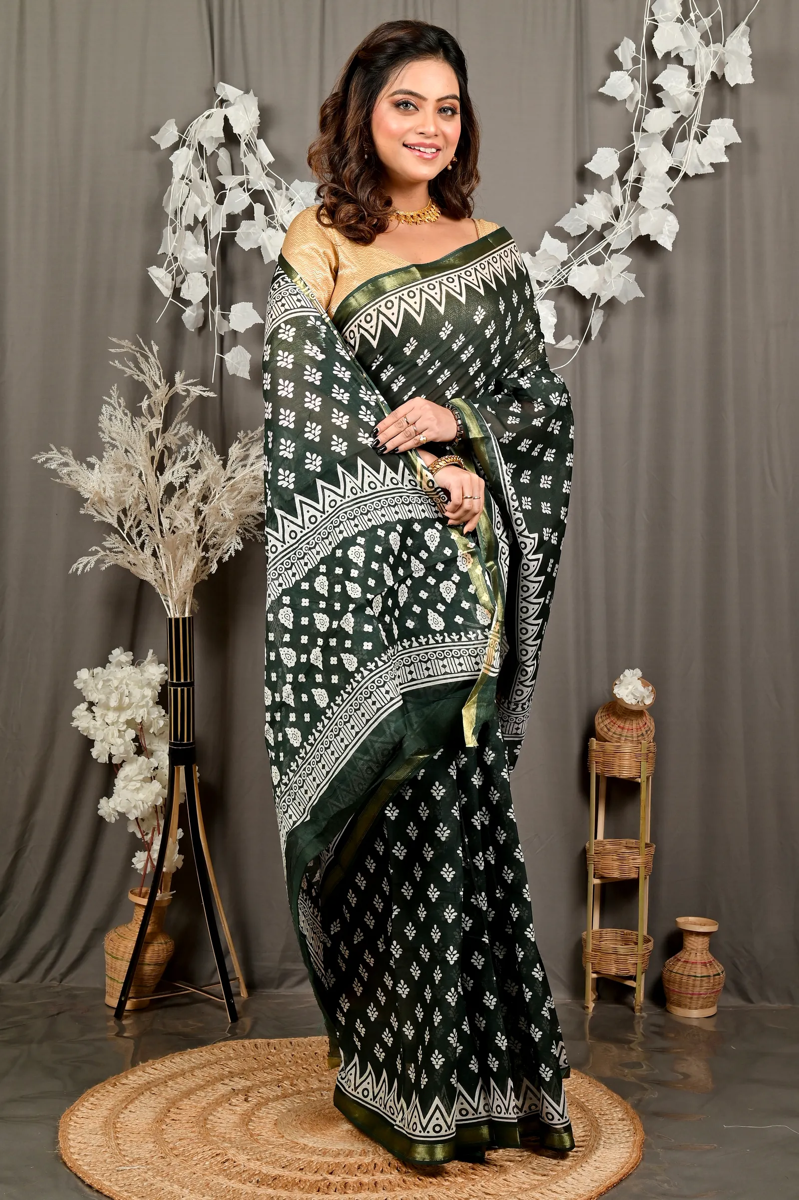 Dark Green Pure Cotton Febasi Batik Print Saree (3023)