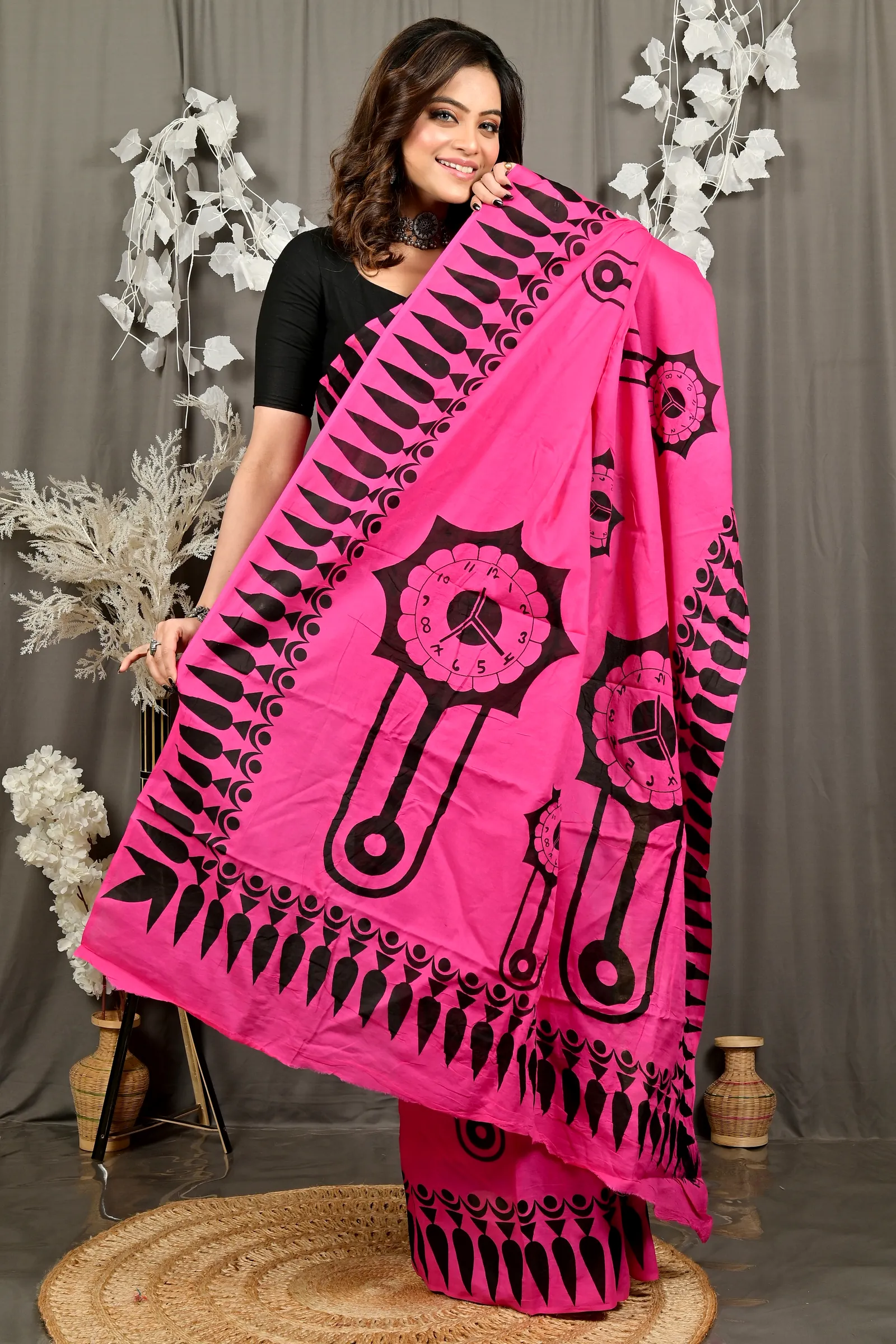 Dark Pink Pure Cotton Febui Printed Handloom Saree (3025)