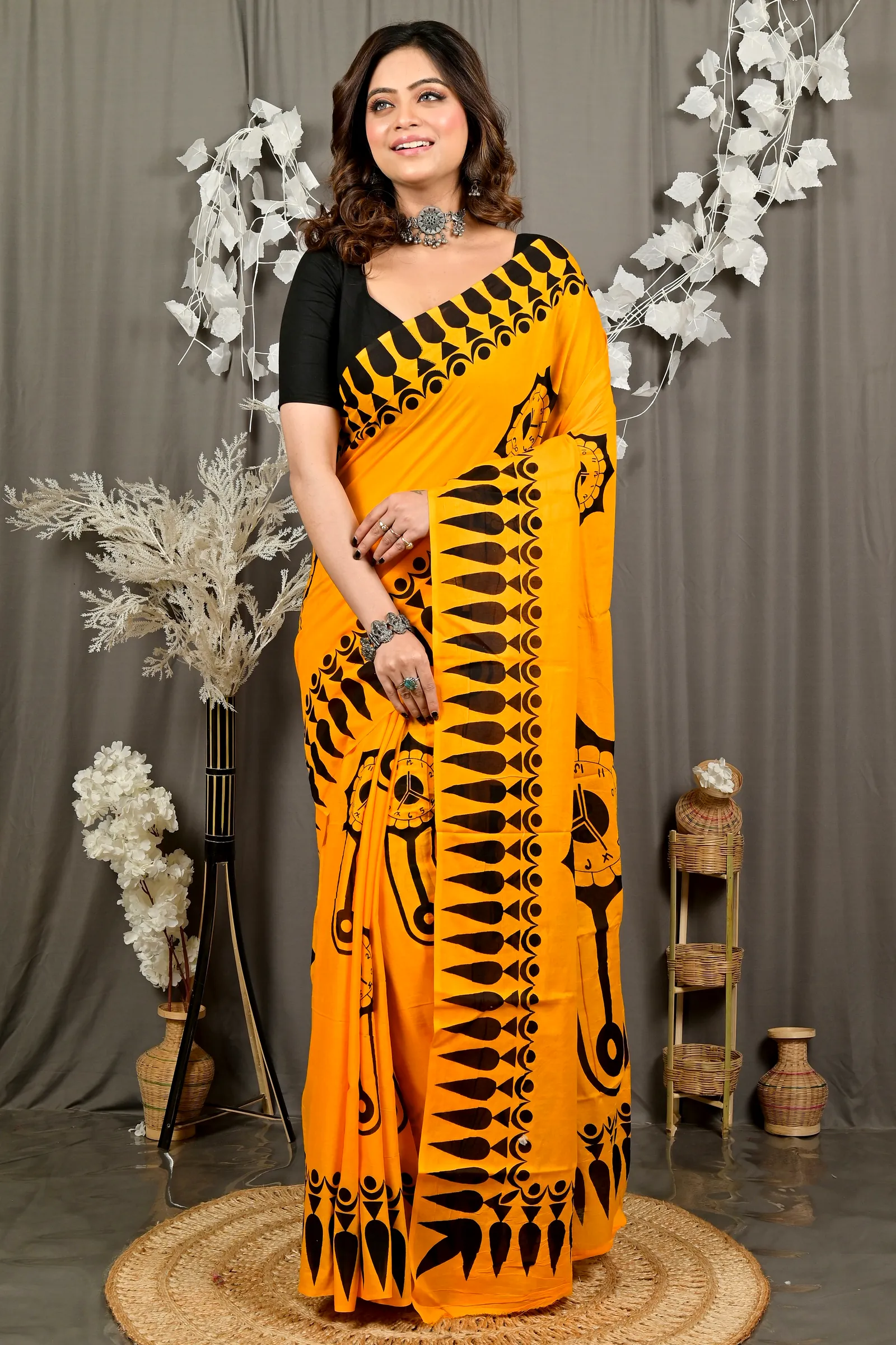 Yellow Pure Cotton Febui Printed Handloom Saree (3026)