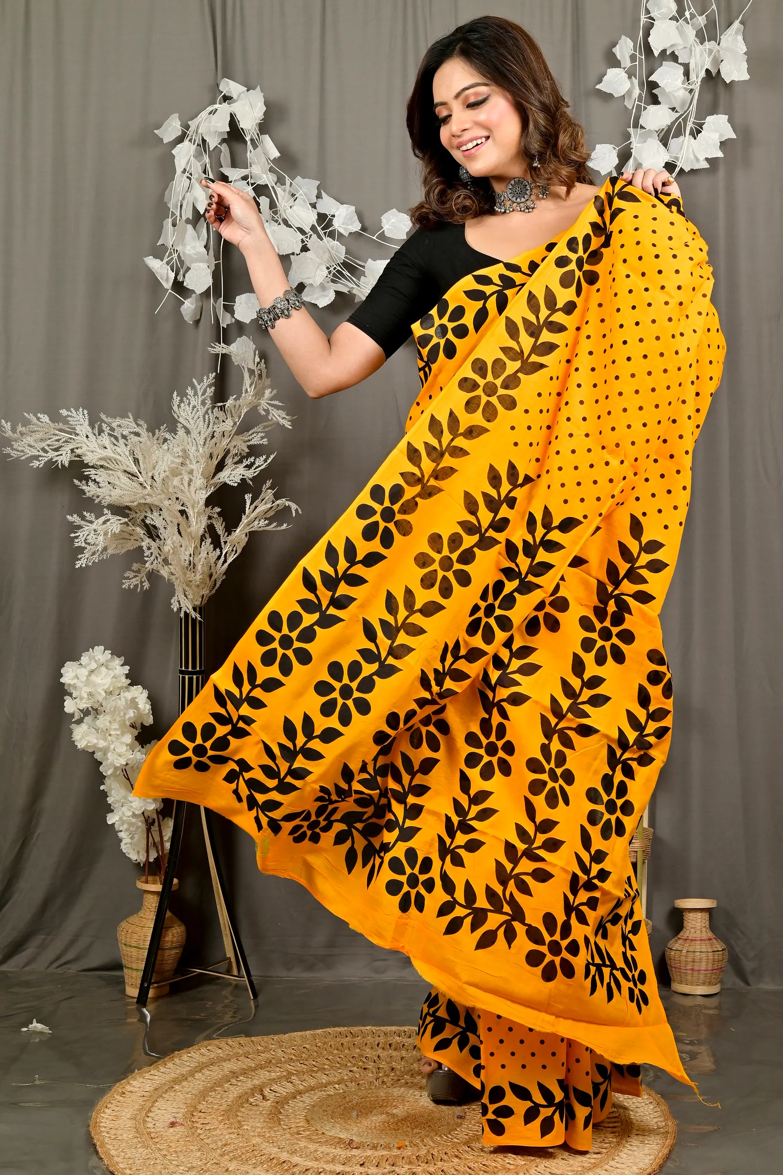 Yellow Pure Cotton Febuitwo Printed Handloom Saree (3027)