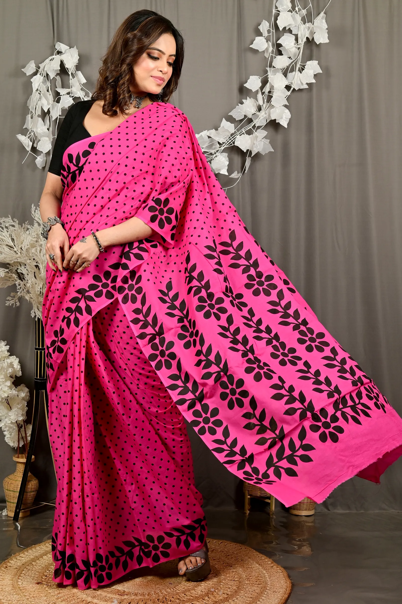 Dark Pink Pure Cotton Febuitwo Printed Handloom Saree (3028)