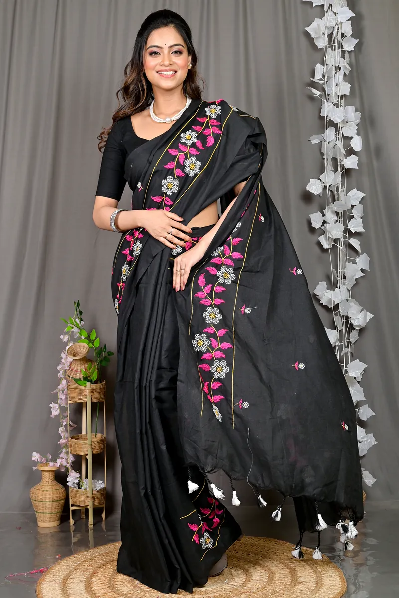 Black Cotton Blended Paraya Embroidery Handloom saree (303)