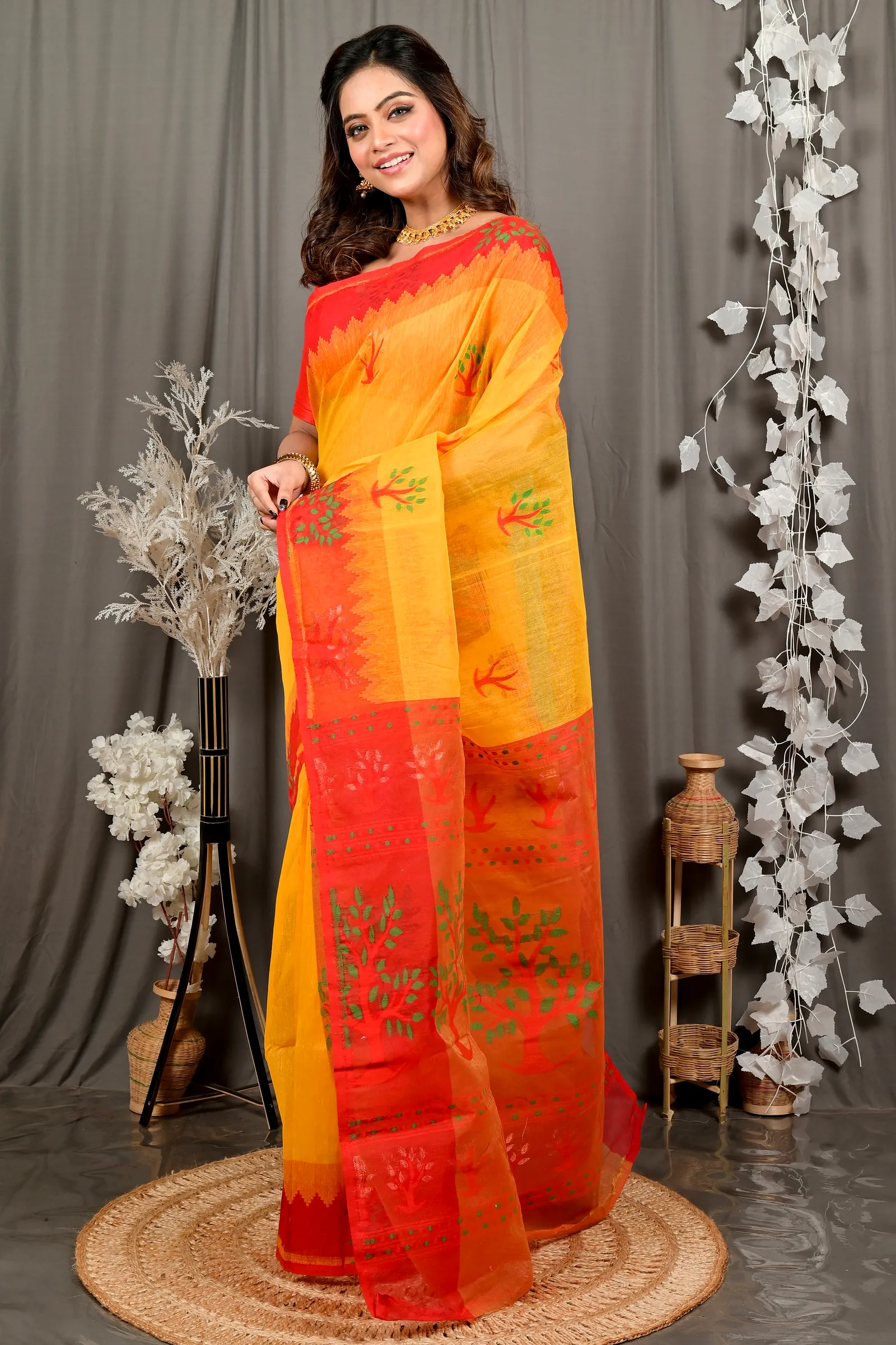Yellow Red Pure Cotton Fevai Jamdani Saree (3035)